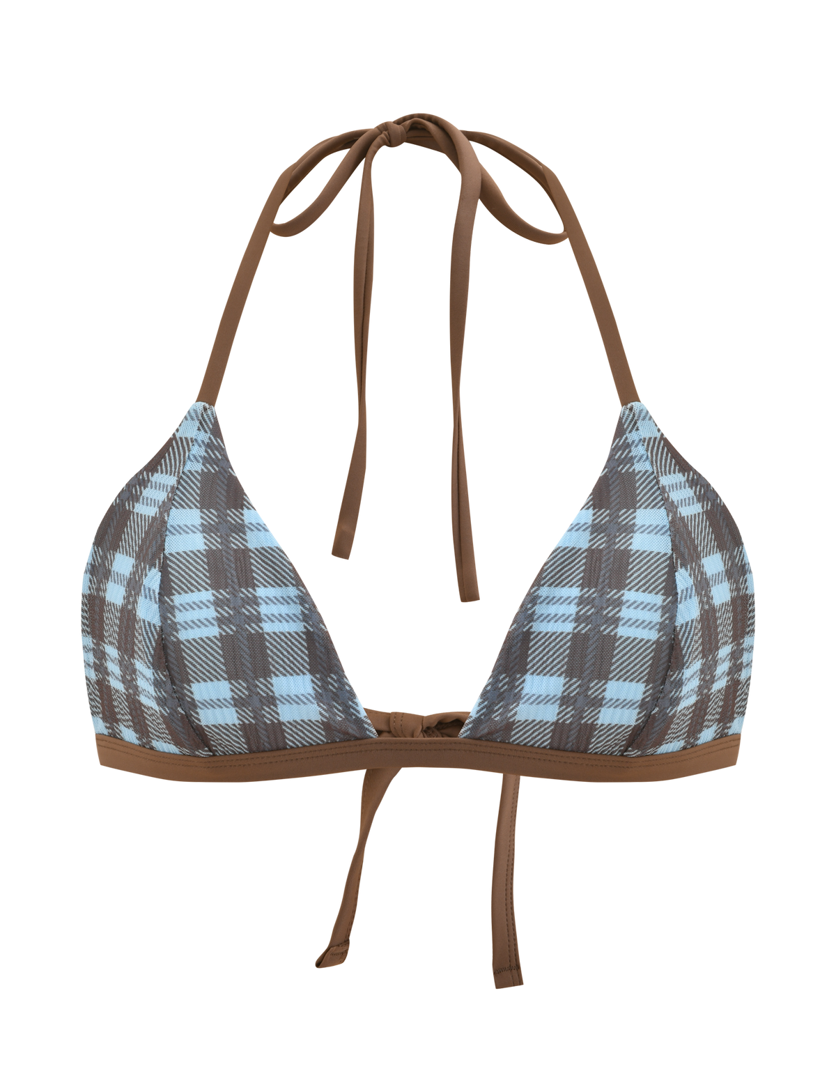 The TIGERMIST CITRINE BIKINI TOP - BLUE CHECK is a plaid halter bikini with blue, brown, and white checks, featuring brown contrast straps. Adjustable ties at neck and back. Photographed on a plain white background.