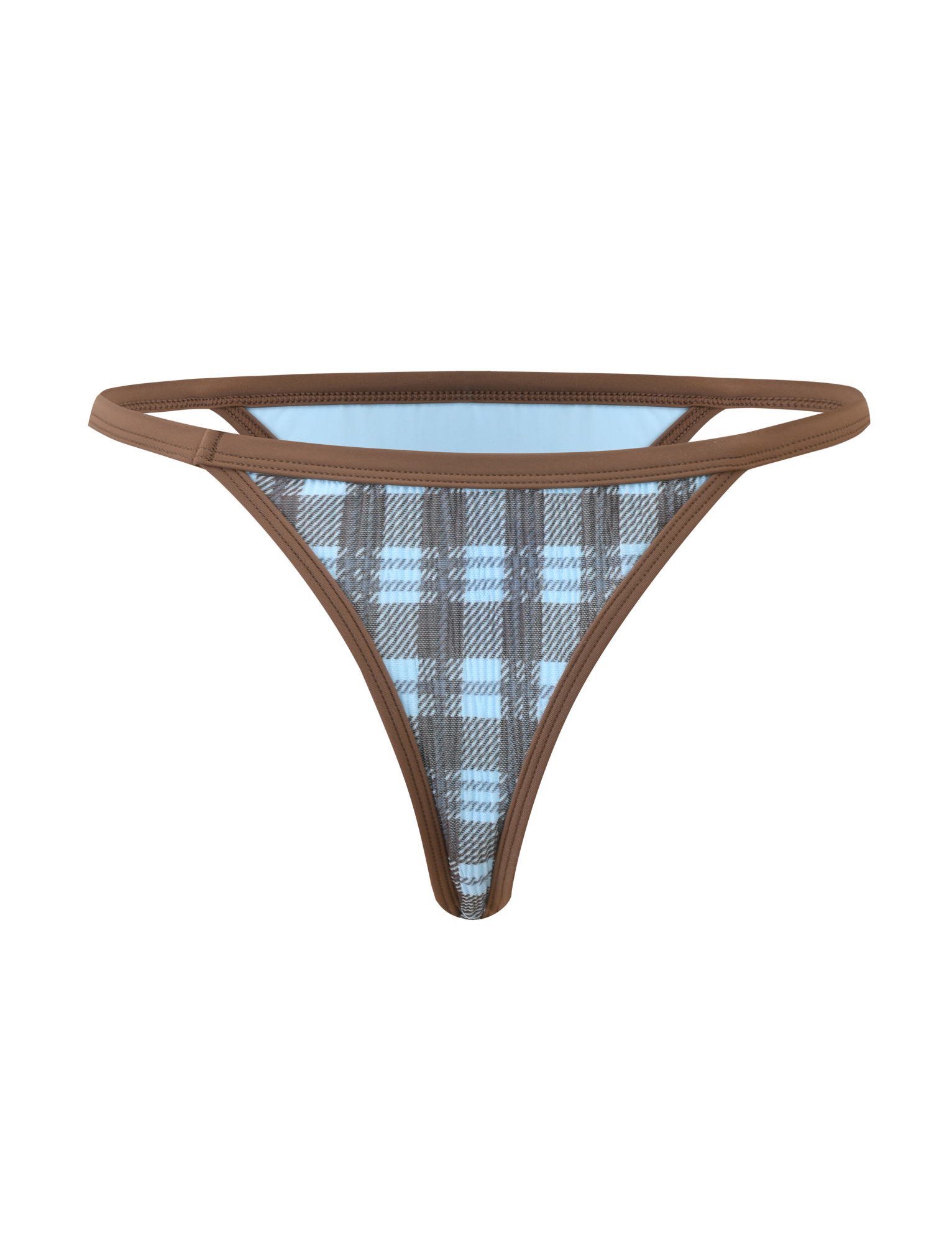 The CITRINE BIKINI BOTTOM - BLUE CHECK by TIGERMIST is a blue and brown plaid cheeky bikini bottom with brown trim and thin side straps, shown on a plain white background.