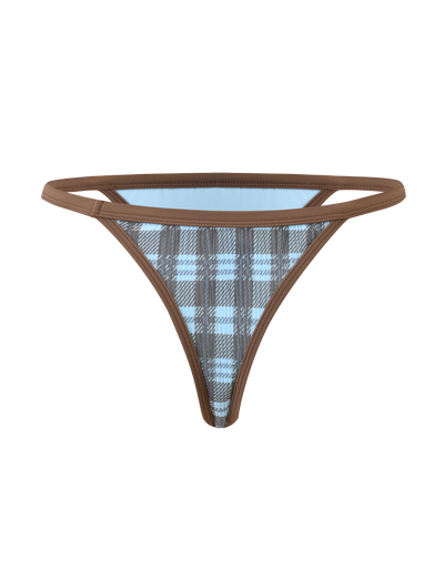 The CITRINE BIKINI BOTTOM - BLUE CHECK by TIGERMIST is a blue and brown plaid cheeky bikini bottom with brown trim and thin side straps, shown on a plain white background.