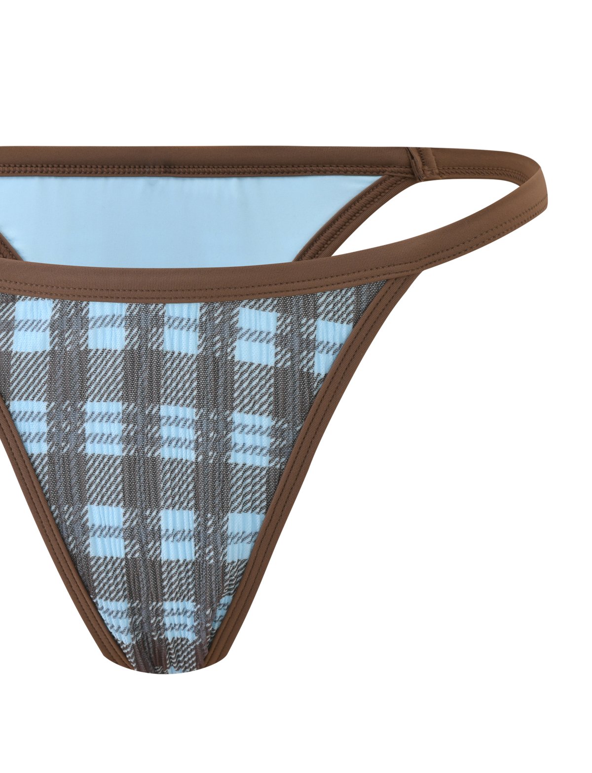 Close-up of the TIGERMIST CITRINE BIKINI BOTTOM - BLUE CHECK, featuring a low-rise cut with a brown waistband and side straps, and a blue and gray plaid pattern displayed on a plain white background.