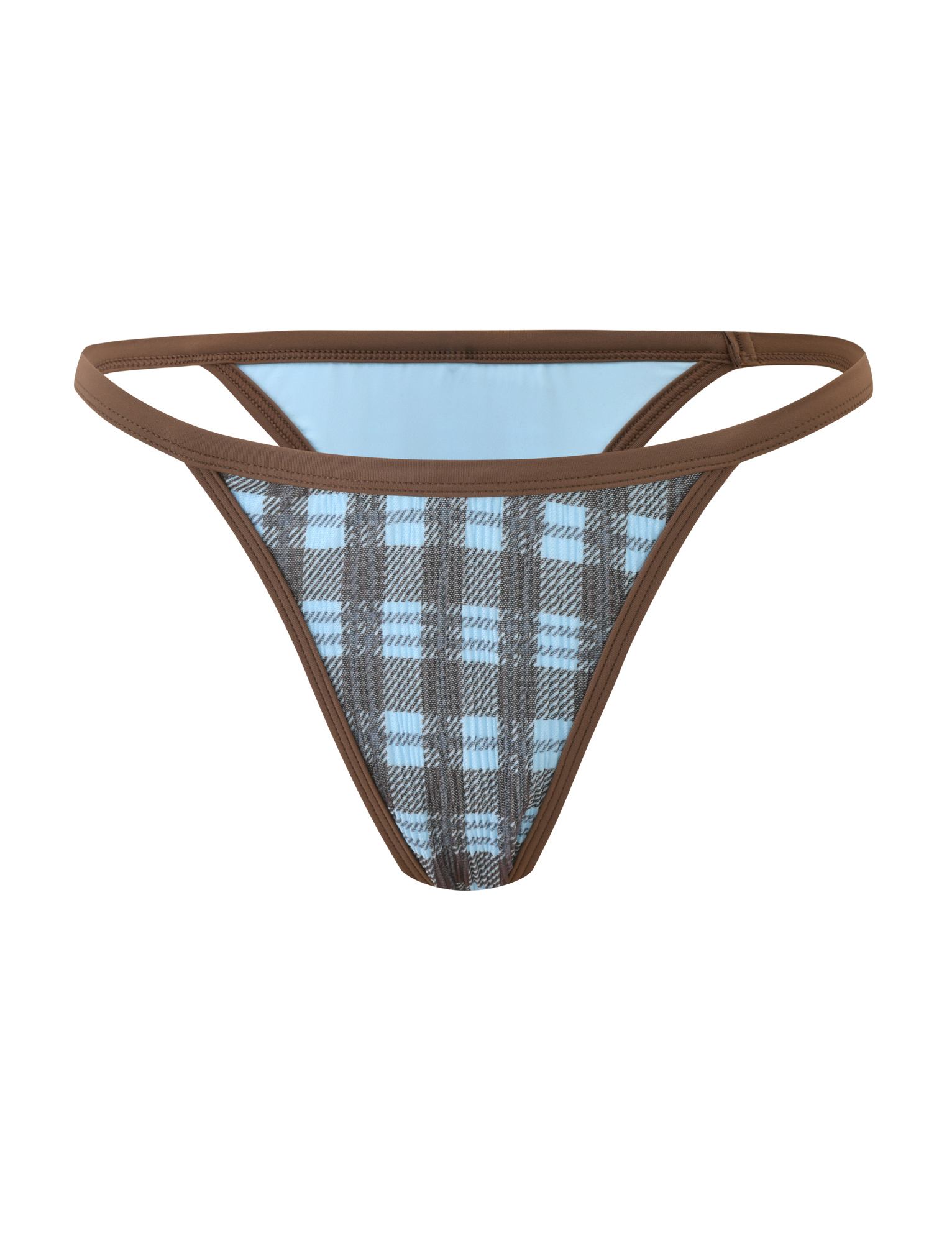 The TIGERMIST CITRINE BIKINI BOTTOM - BLUE CHECK features a cheeky, low-rise fit with blue and brown plaid, accented by a brown waistband and trim, shown against a white background.