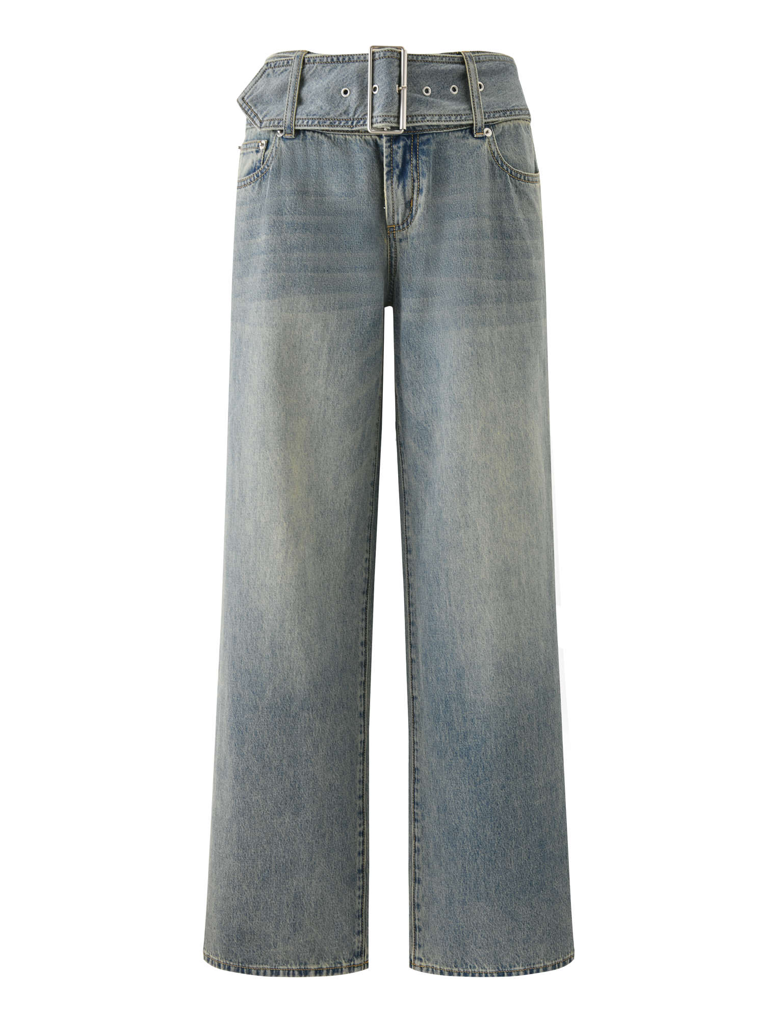 The REEF JEAN - LIGHTWASH by TIGERMIST features wide-leg, lightwash denim with a high paperbag waist, belt loops, matching denim belt, vintage fade, front and back pockets, and a relaxed boyfriend fit.