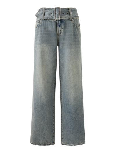 The REEF JEAN - LIGHTWASH by TIGERMIST features wide-leg, lightwash denim with a high paperbag waist, belt loops, matching denim belt, vintage fade, front and back pockets, and a relaxed boyfriend fit.