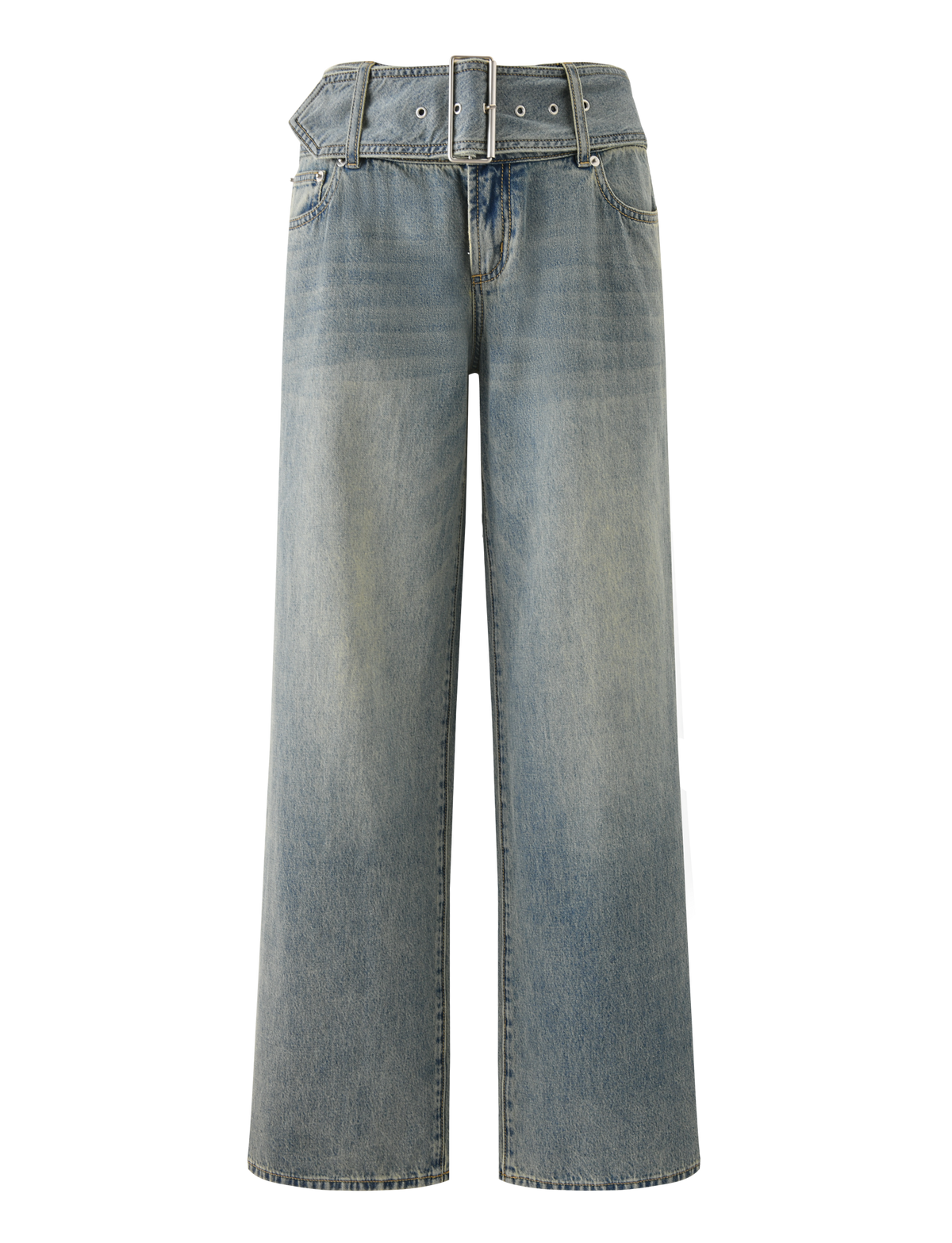 The REEF JEAN - LIGHTWASH by TIGERMIST features wide-leg, lightwash denim with a high paperbag waist, belt loops, matching denim belt, vintage fade, front and back pockets, and a relaxed boyfriend fit.