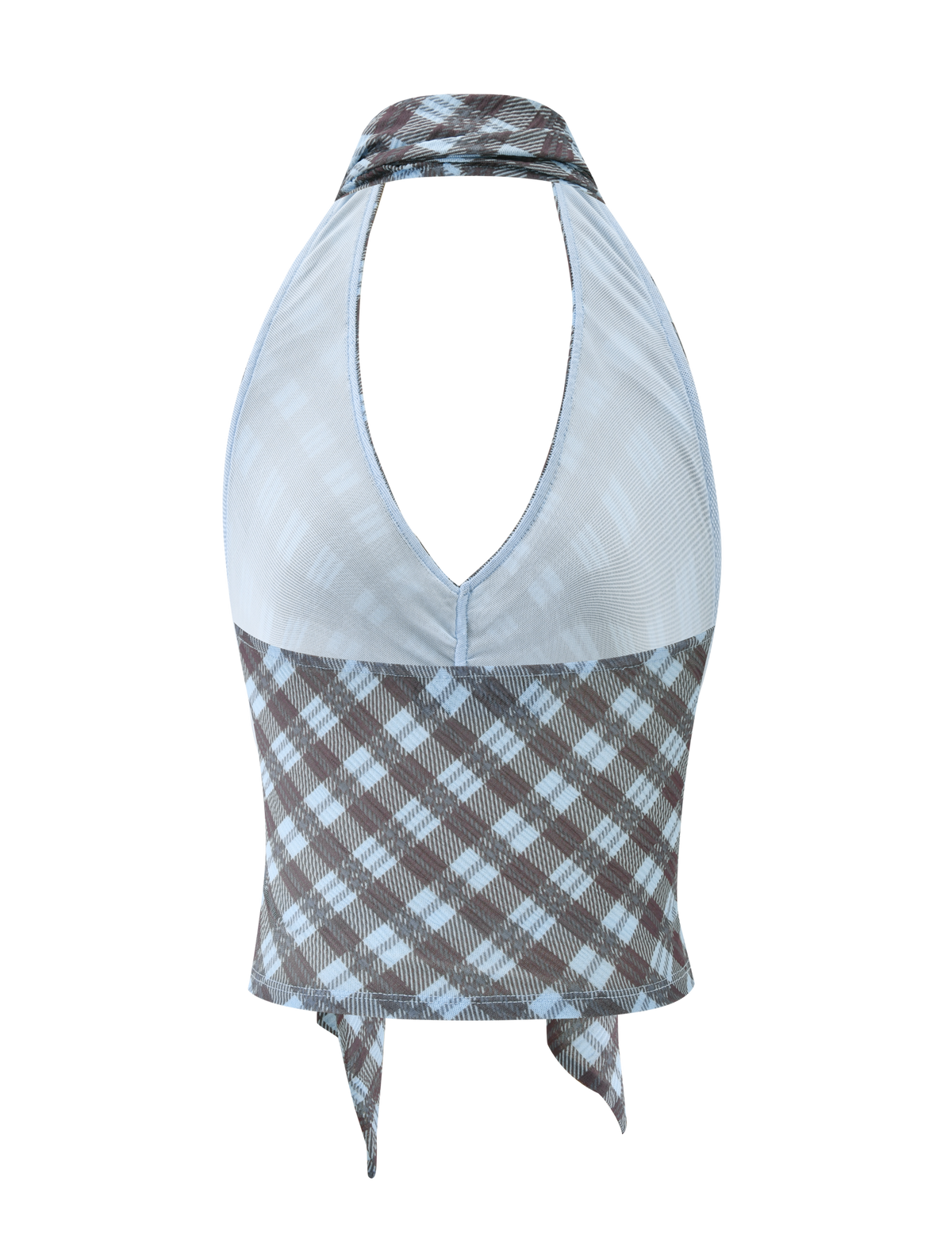 The NOBLE TOP - BLUE CHECK by TIGERMIST is a sleeveless halter top with a deep plunge neckline, brown and blue check pattern, tie-back design, and mesh-textured upper for added style.