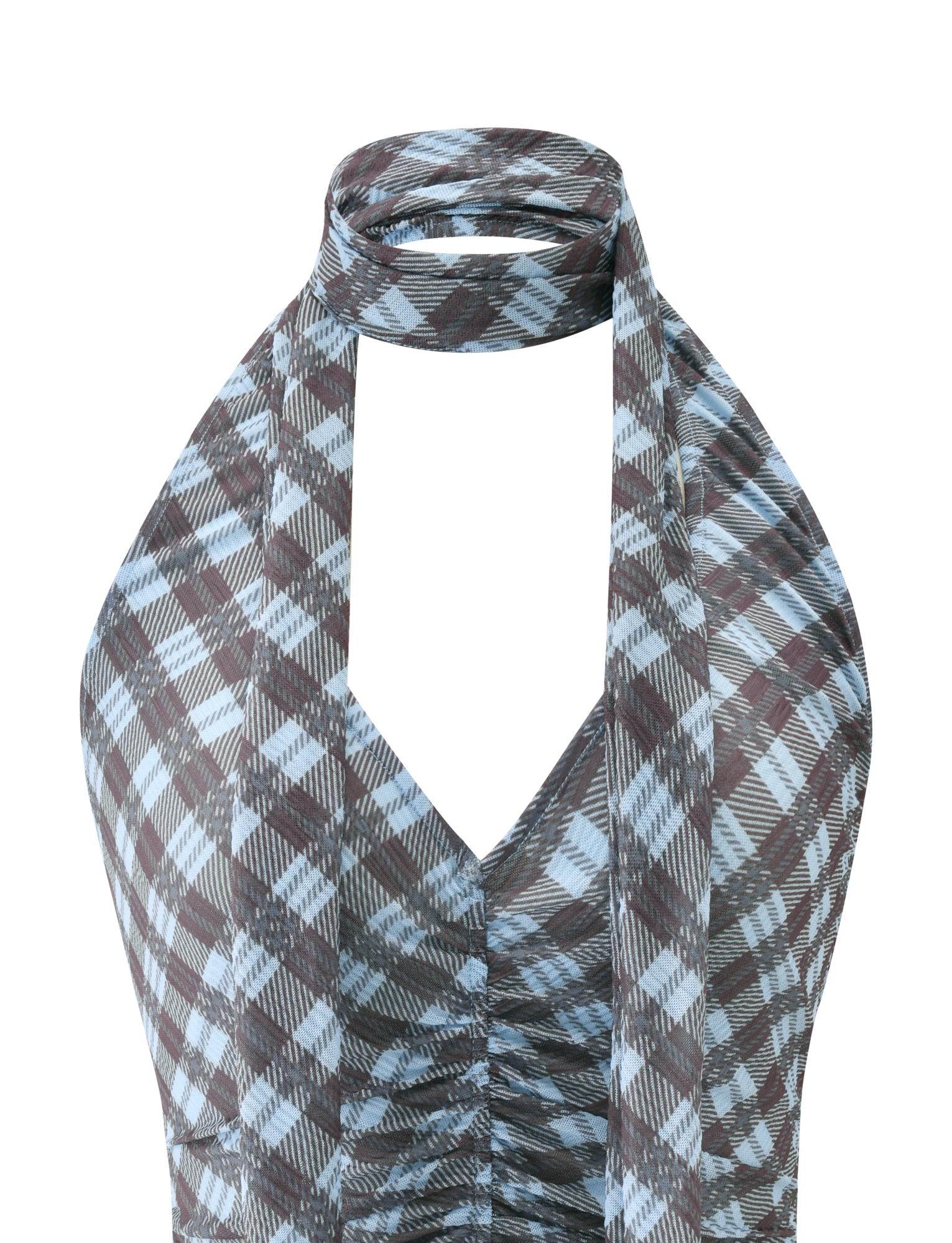 A close-up of the TIGERMIST NOBLE TOP - BLUE CHECK shows its sleeveless, halter neck design with blue checks and a gathered center. Halter straps wrap around the neck for a modern, stylish look.