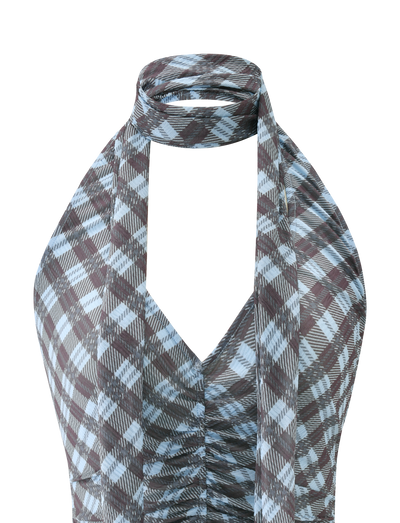 A close-up of the TIGERMIST NOBLE TOP - BLUE CHECK shows its sleeveless, halter neck design with blue checks and a gathered center. Halter straps wrap around the neck for a modern, stylish look.