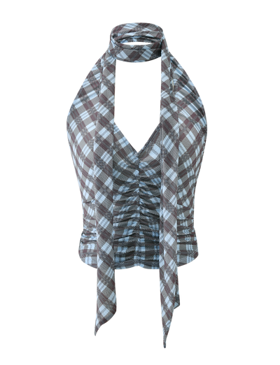 The TIGERMIST NOBLE TOP - BLUE CHECK is a sleeveless halter neck top with a ruched front, blue check pattern, and an attached matching scarf that wraps elegantly around the neck.