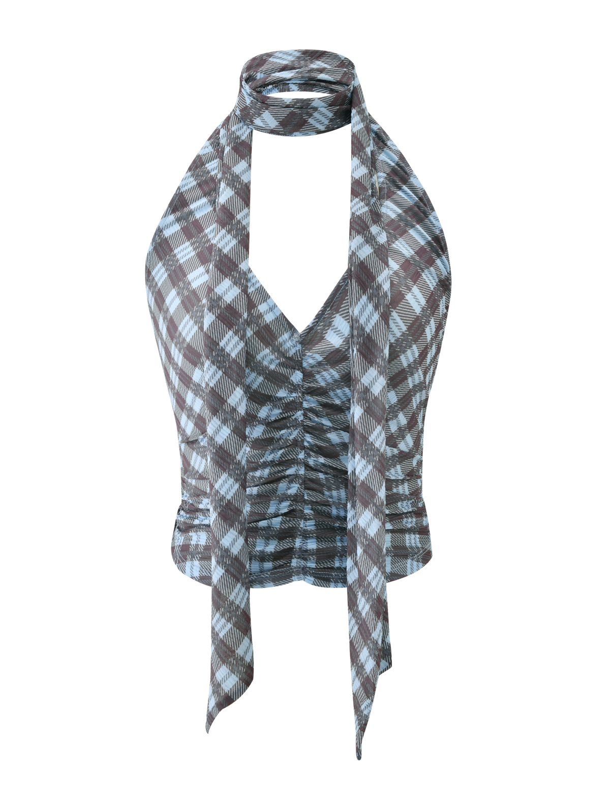 The TIGERMIST NOBLE TOP - BLUE CHECK is a sleeveless halter neck top with a ruched front, blue check pattern, and an attached matching scarf that wraps elegantly around the neck.