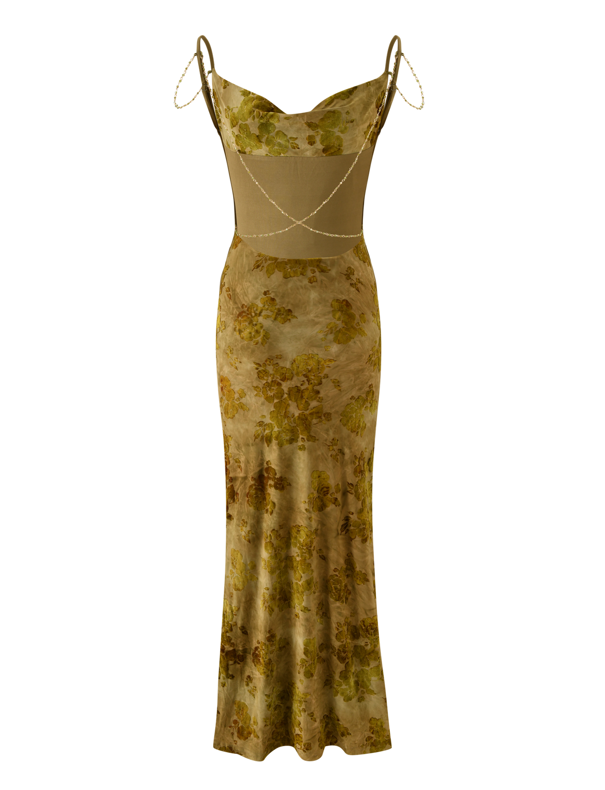 The TIGERMIST SPARROW MAXI DRESS - GREEN BURNOUT is a vintage-inspired green floral dress featuring olive and yellow tones, a fitted bodice with mesh midsection, thin beaded straps, and a flowy skirt blending elegance with charm.