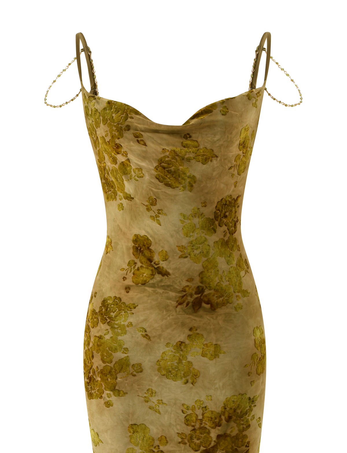 The SPARROW MAXI DRESS - GREEN BURNOUT by TIGERMIST features a sleeveless, fitted silhouette with a cowl neckline, beaded thin straps, and bold yellow-green florals on beige—perfect for any occasion.