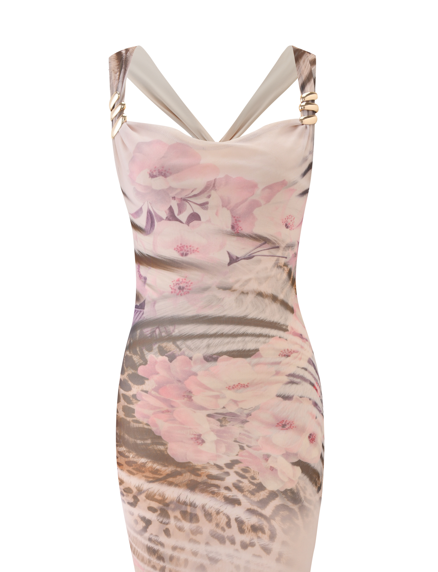 The TAMARIN MAXI DRESS - MOODY ANIMAL FLORAL by TIGERMIST is a sleeveless pink mesh bodycon dress with a sweetheart neckline, soft animal and floral print, and gold-tone ring accents on the shoulder straps.
