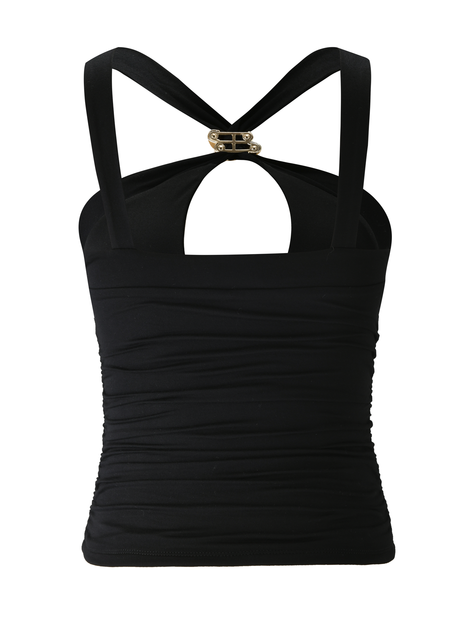 The FINCH TOP - BLACK by TIGERMIST features wide crisscross back straps, a gold buckle, teardrop cutout, and gently ruched fabric. This halter-style keyhole top is perfect for a chic night out.