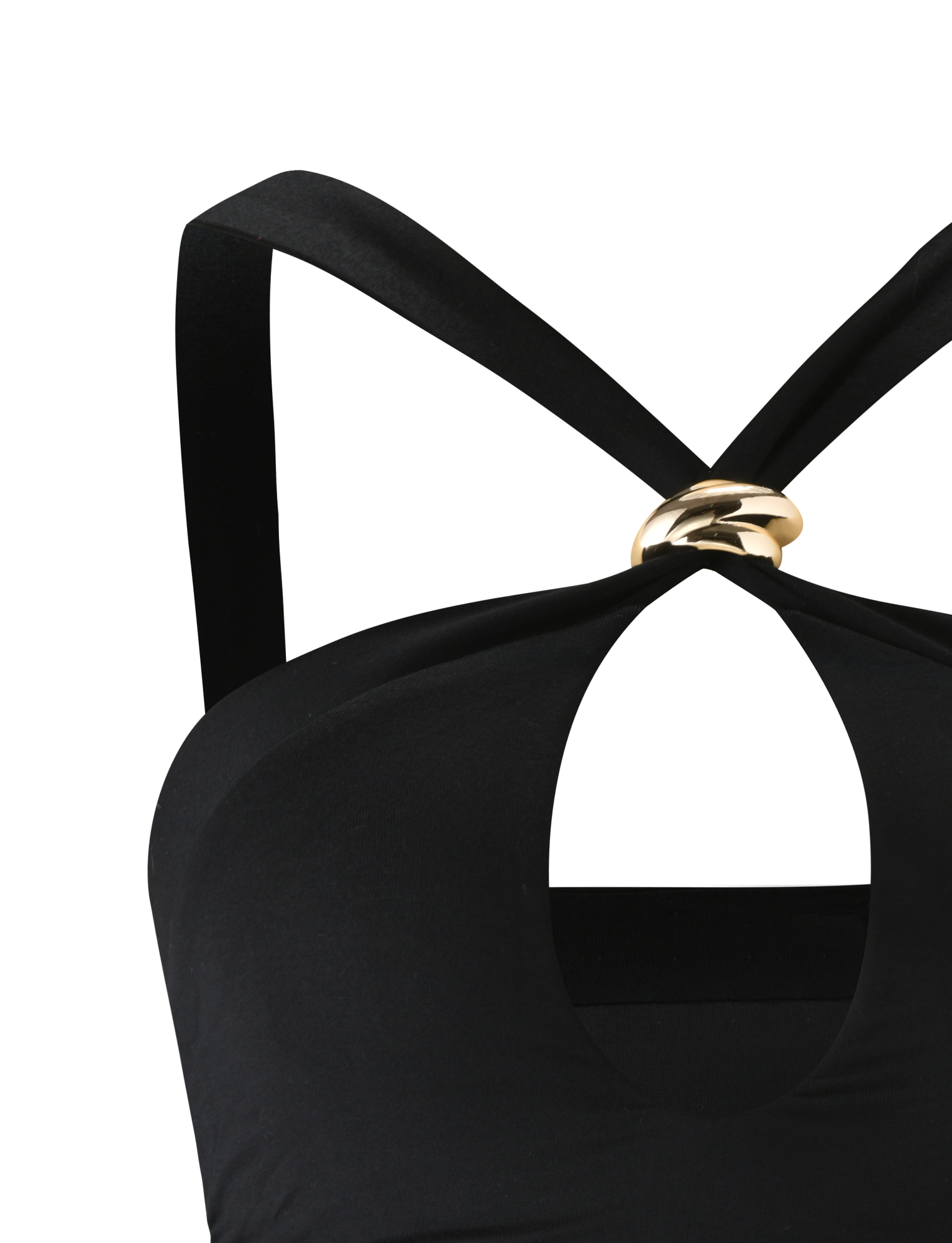 Close-up of the TIGERMIST FINCH TOP - BLACK: a bold going out top with wide straps crossing at the front, joined by a shiny gold oval ring and a keyhole cutout beneath, shown on a plain white background.