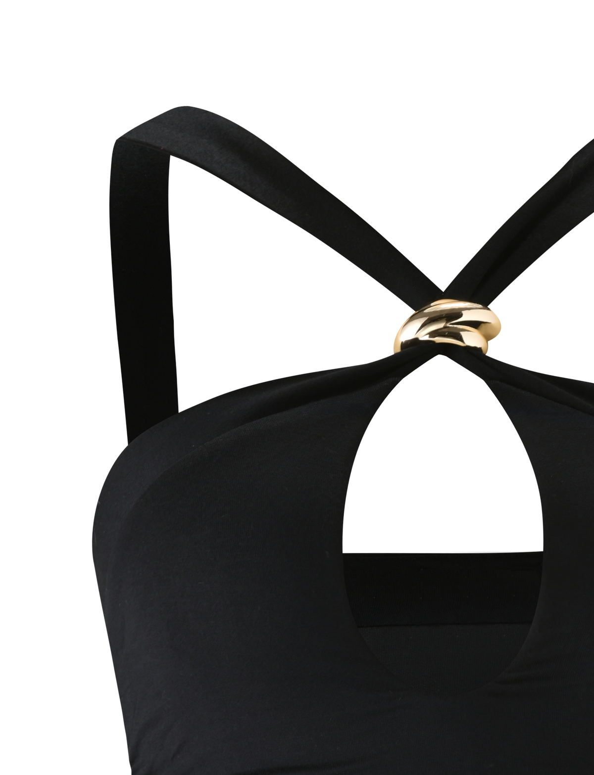 Close-up of the TIGERMIST FINCH TOP - BLACK: a bold going out top with wide straps crossing at the front, joined by a shiny gold oval ring and a keyhole cutout beneath, shown on a plain white background.