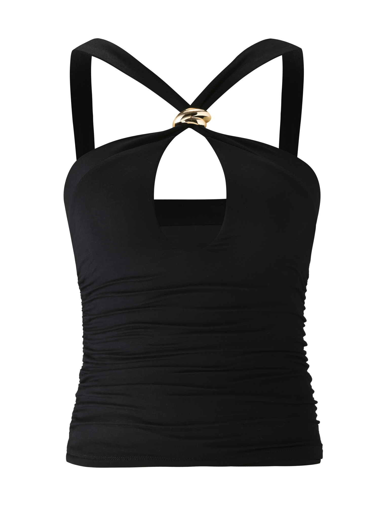 The TIGERMIST FINCH TOP - BLACK is a stylish going-out top featuring a sleek keyhole front, ruched sides, thick cross-back straps, and a gold ring neckline accent for a chic halter-inspired look.