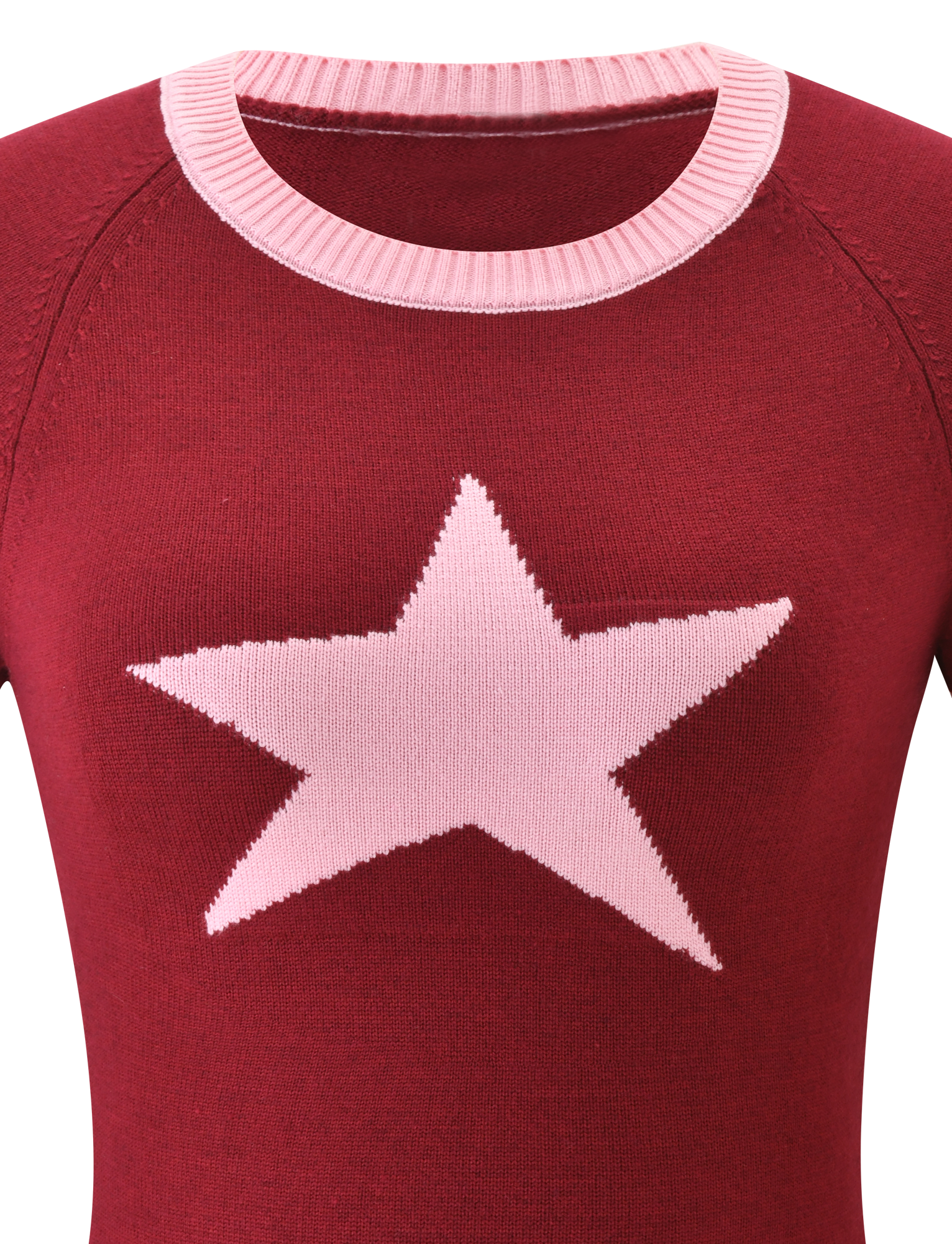 The ROUX TOP - RED by TIGERMIST is a maroon knit top with a large, asymmetrical light pink star on the chest and a pale pink ribbed round neckline.
