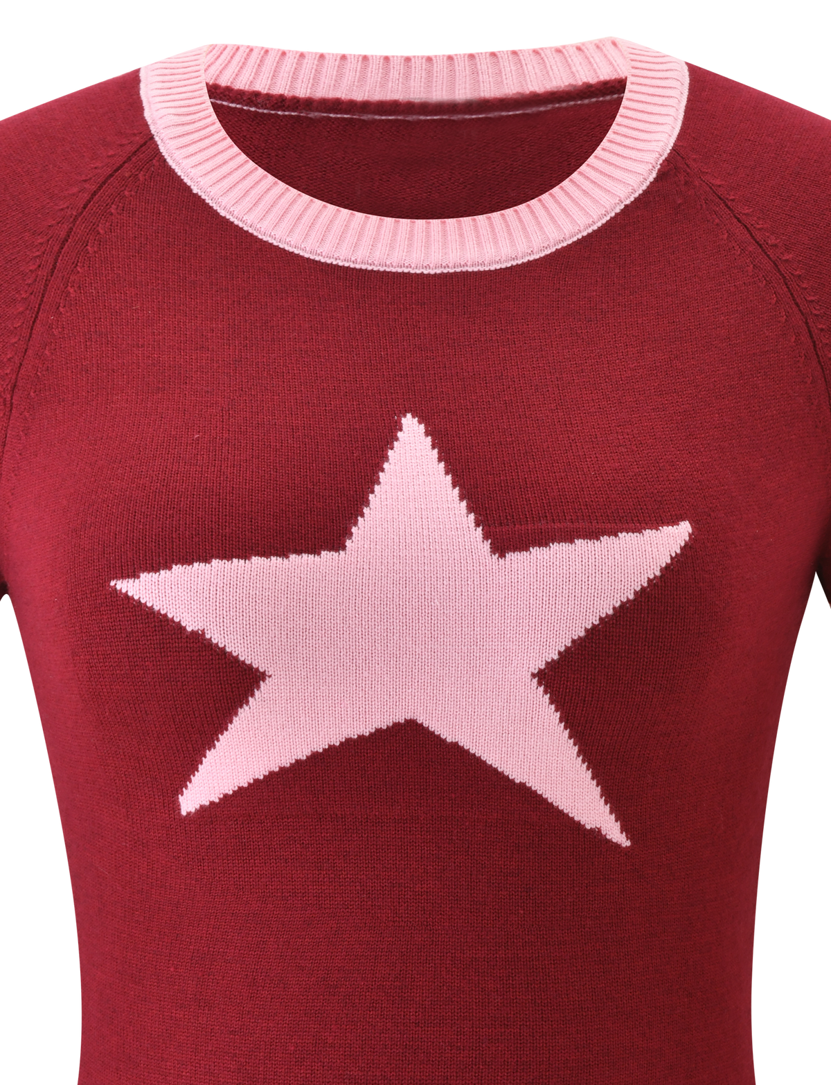 The ROUX TOP - RED by TIGERMIST is a maroon knit top with a large, asymmetrical light pink star on the chest and a pale pink ribbed round neckline.