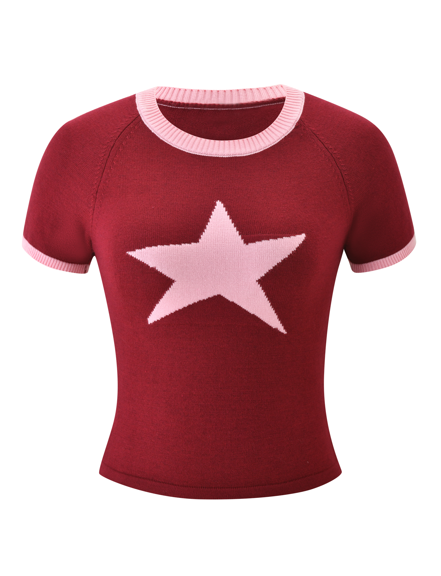 The TIGERMIST ROUX TOP - RED is a short-sleeved, fitted knit top with light pink trim on the collar and sleeves, accented by a large asymmetrical light pink star on the chest.