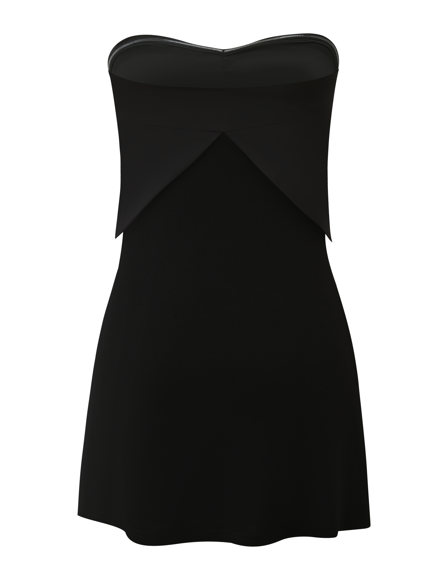 The GROVE MINI DRESS - BLACK by TIGERMIST is a strapless mini with a pointed folded bodice, fitted silhouette, smooth texture, and a flared hem—the ideal little black dress.