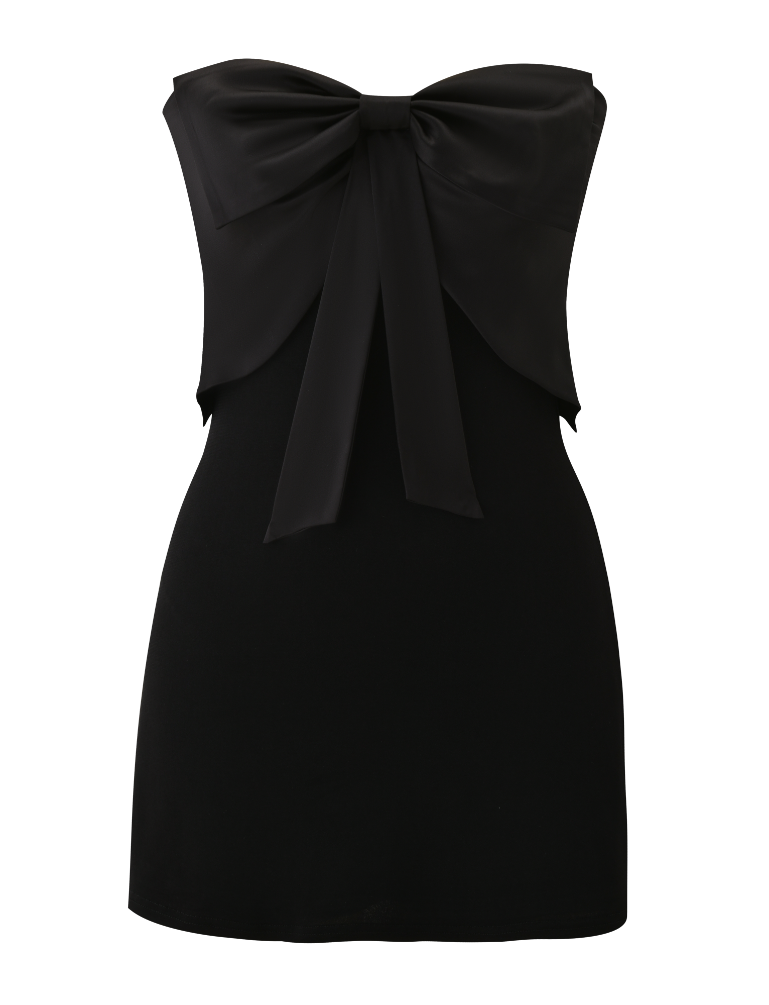 The TIGERMIST GROVE MINI DRESS - BLACK is a strapless mini dress with a bold satin bow across the chest and long ribbon tails, offering an elevated twist on the classic little black dress.