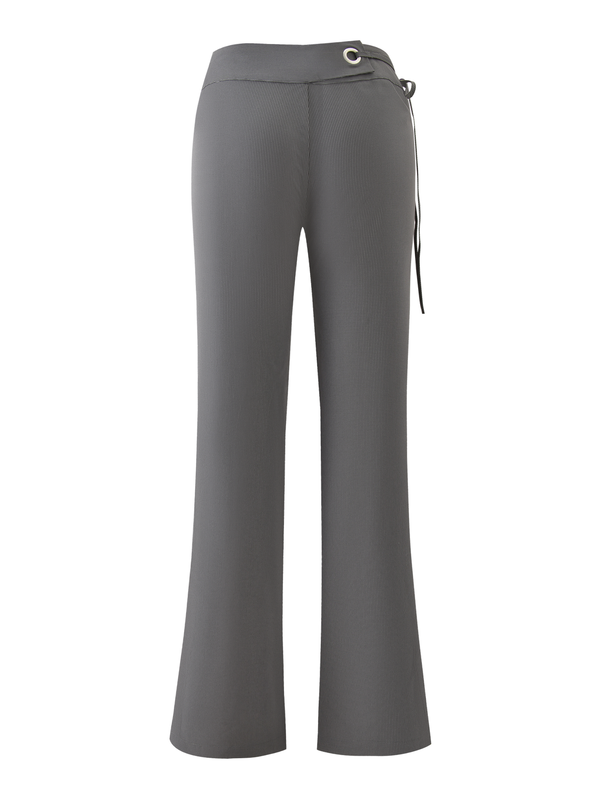 The EMORY PANT - GREY PINSTRIPE by TIGERMIST features a high-waisted, flared silhouette with a fitted waist and grommet-tie detail on the right side, shown from the back.