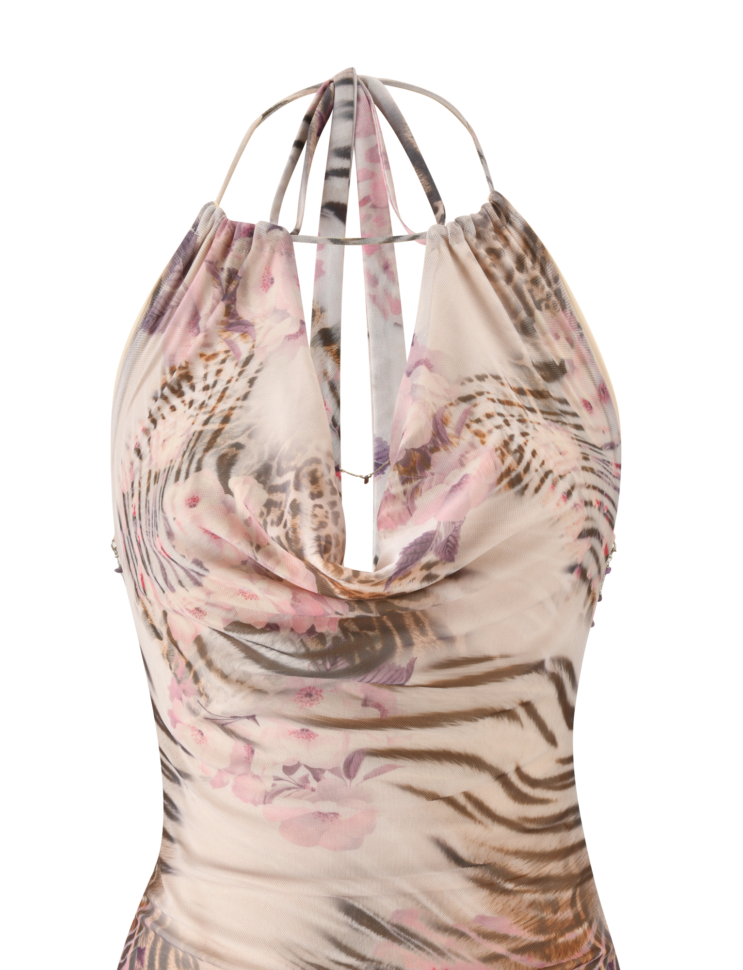 The SHANE MINI DRESS - MOODY ANIMAL FLORAL by TIGERMIST features a halter neck, cowl neckline, and sheer fabric with bold tiger stripes and pink floral prints for a striking mini dress look.