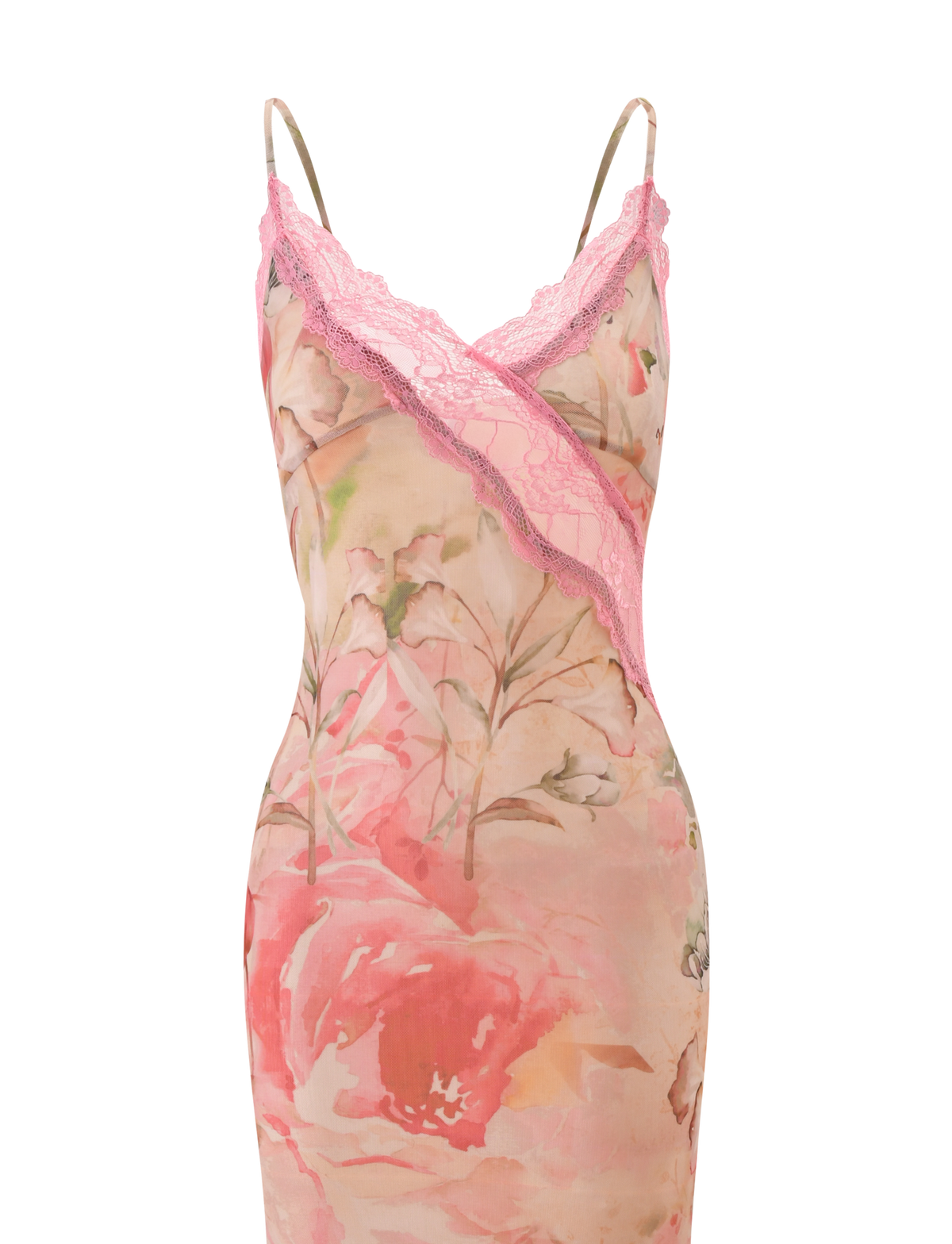 The TIGERMIST LYRE MAXI DRESS in Watercolour Floral is a sleeveless, fitted maxi dress with thin adjustable straps and pink lace trim along the neckline and bodice.