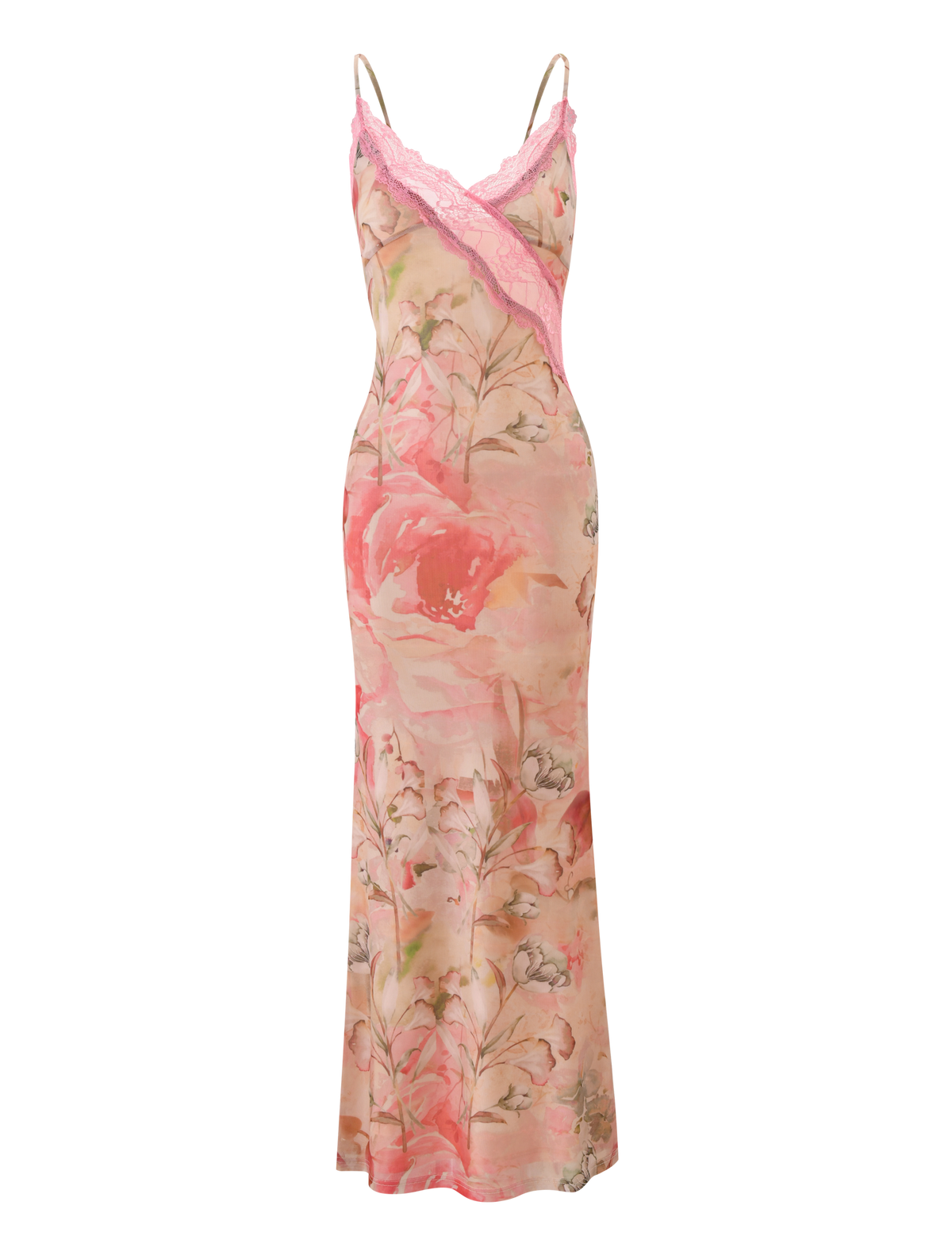 The LYRE MAXI DRESS - WATERCOLOUR FLORAL by TIGERMIST is a sleeveless, floor-length maxi dress featuring thin adjustable straps, a pink and peach floral print, and delicate pink lace trim along the neckline and bust.