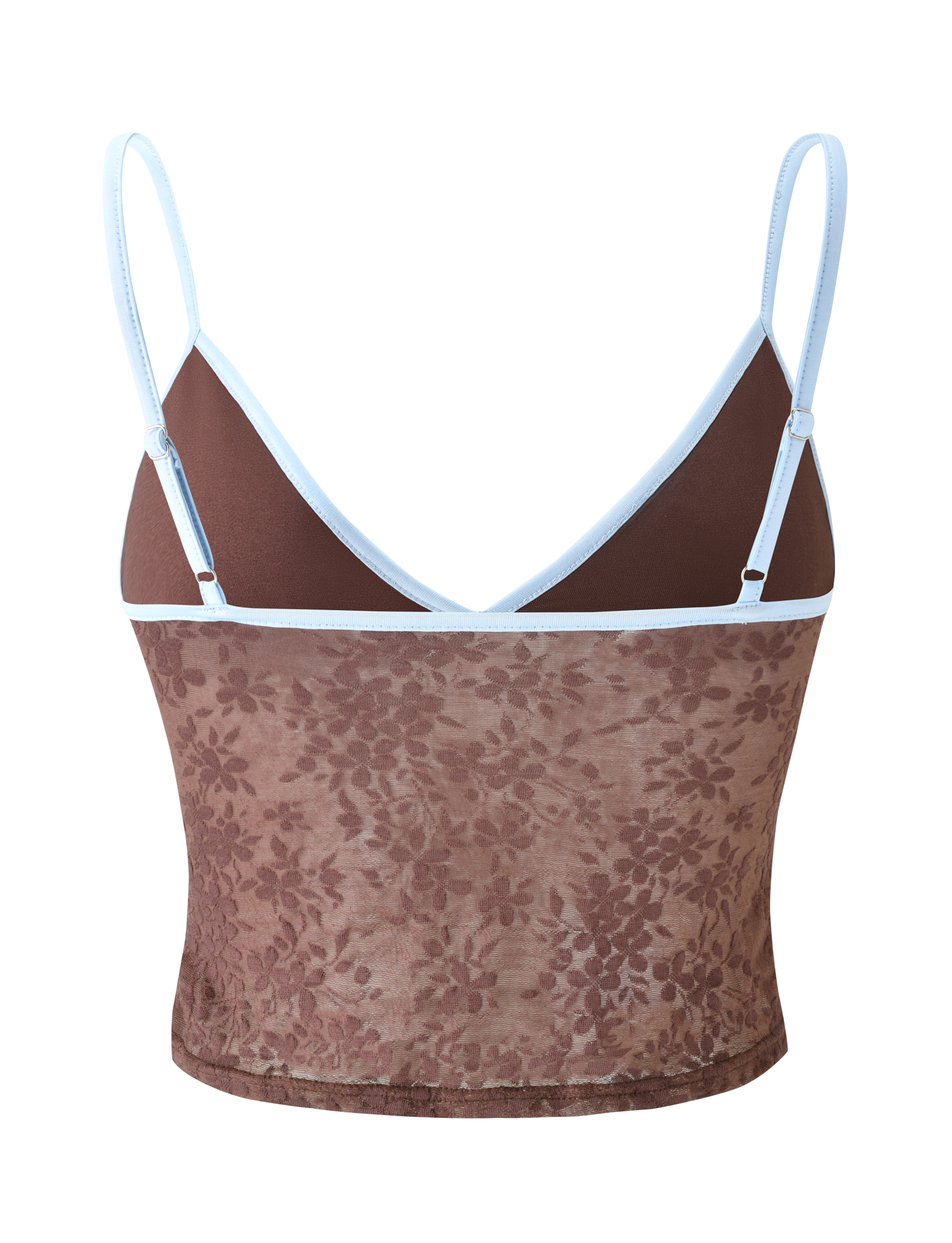 The TIGERMIST AUBURN TOP - CHOCOLATE is a brown cami crop top with light blue adjustable straps and trim, featuring a floral sheer lace lower half and a solid upper section.