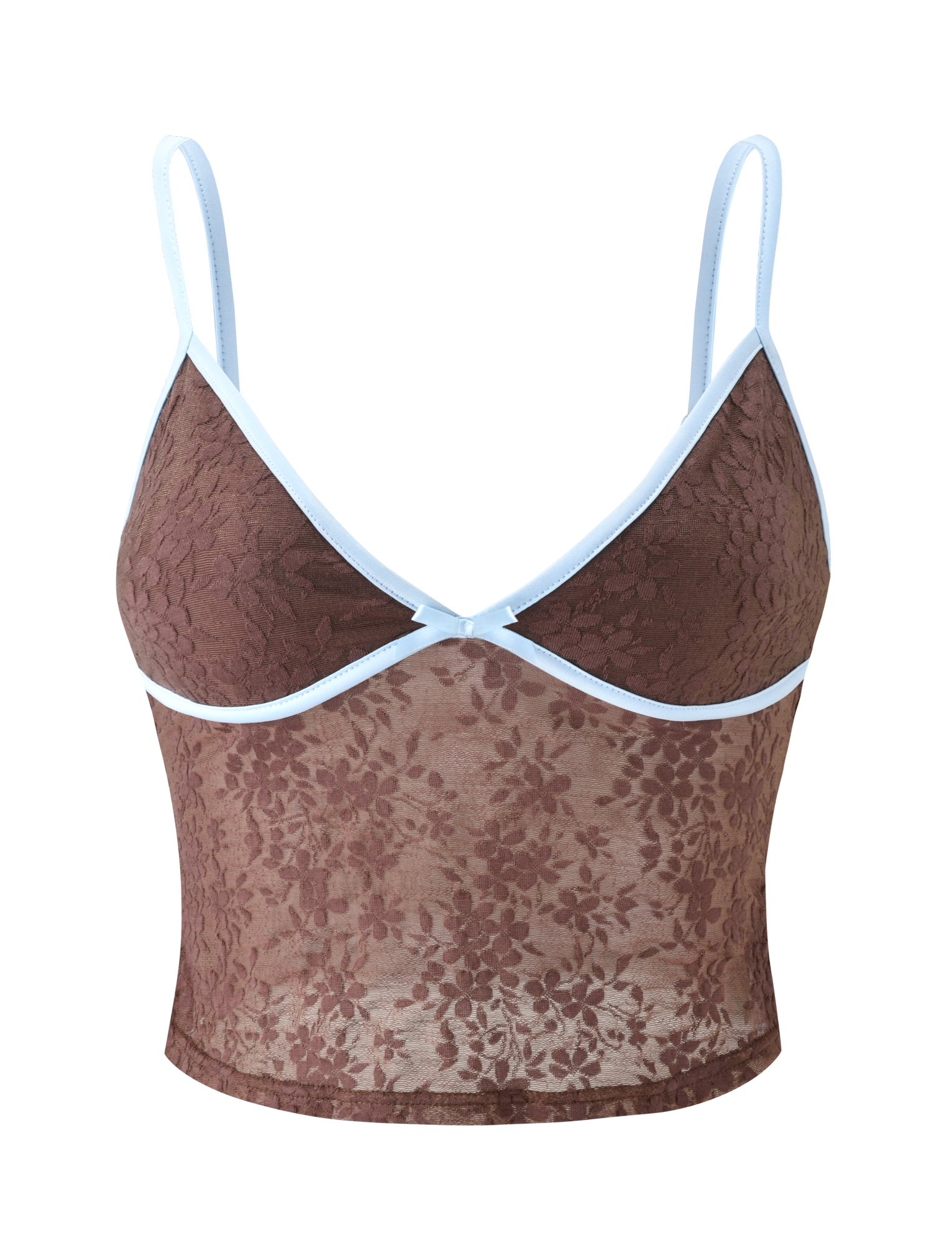 The TIGERMIST AUBURN TOP - CHOCOLATE is a brown floral lace cami crop top with light blue adjustable straps and trim, made from semi-sheer lingerie fabric, shown against a plain white background.