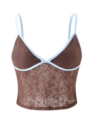 The TIGERMIST AUBURN TOP - CHOCOLATE is a brown floral lace cami crop top with light blue adjustable straps and trim, made from semi-sheer lingerie fabric, shown against a plain white background.