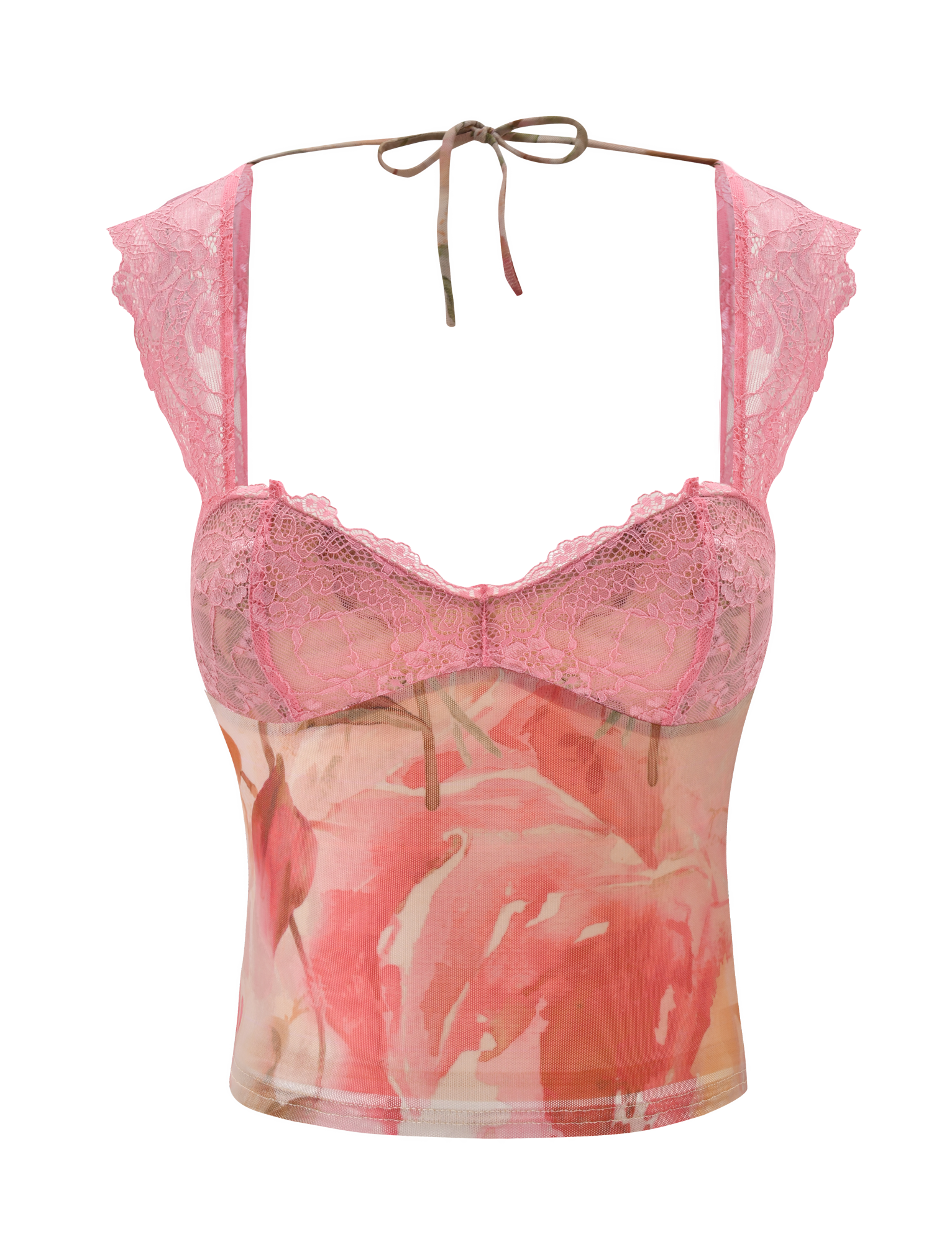 The DUNE TOP - WATERCOLOUR FLORAL by TIGERMIST is a pink floral lace top with mesh, lace-trimmed cups, cap sleeves, and an adjustable tie back at the neck.