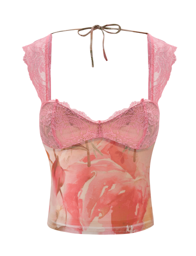 The DUNE TOP - WATERCOLOUR FLORAL by TIGERMIST is a pink floral lace top with mesh, lace-trimmed cups, cap sleeves, and an adjustable tie back at the neck.