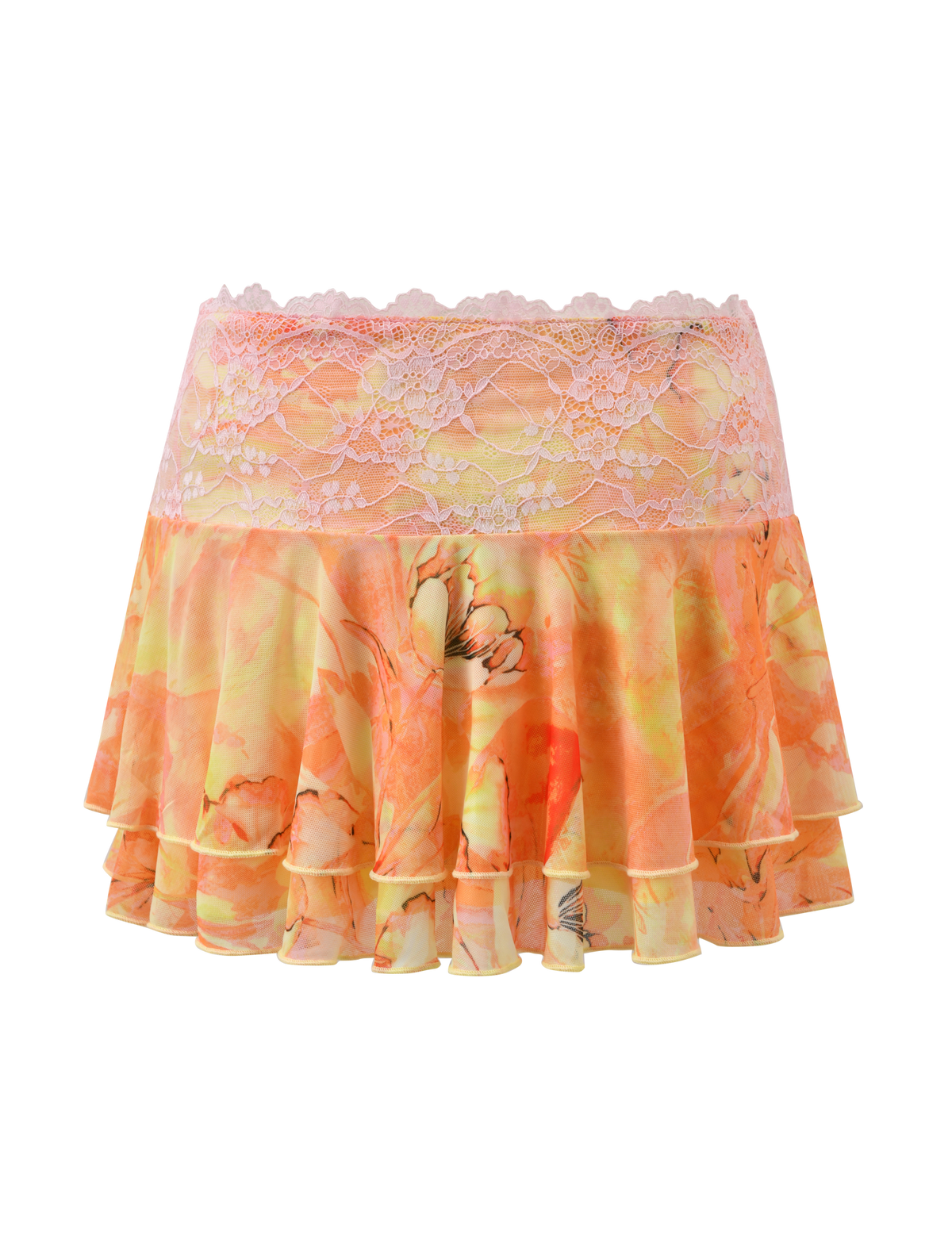 The TIGERMIST DUNE MESH SKIRT - CREAMSICLE is a watercolour floral mini skirt with orange and yellow blooms, a pink lace waistband, and playful tiered ruffles, shown on a white background.