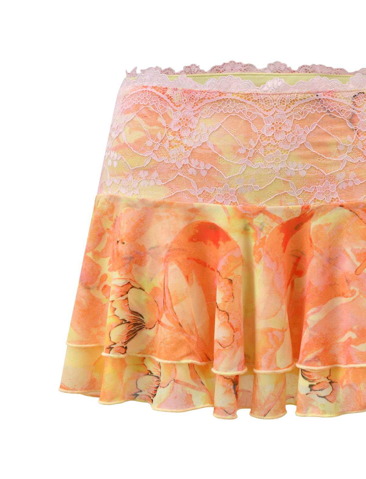 The DUNE MESH SKIRT - CREAMSICLE by TIGERMIST is a lightweight, watercolor floral mini skirt with a pink lace waistband and tiered orange-yellow ruffles, adding playful movement to your warm-weather style.