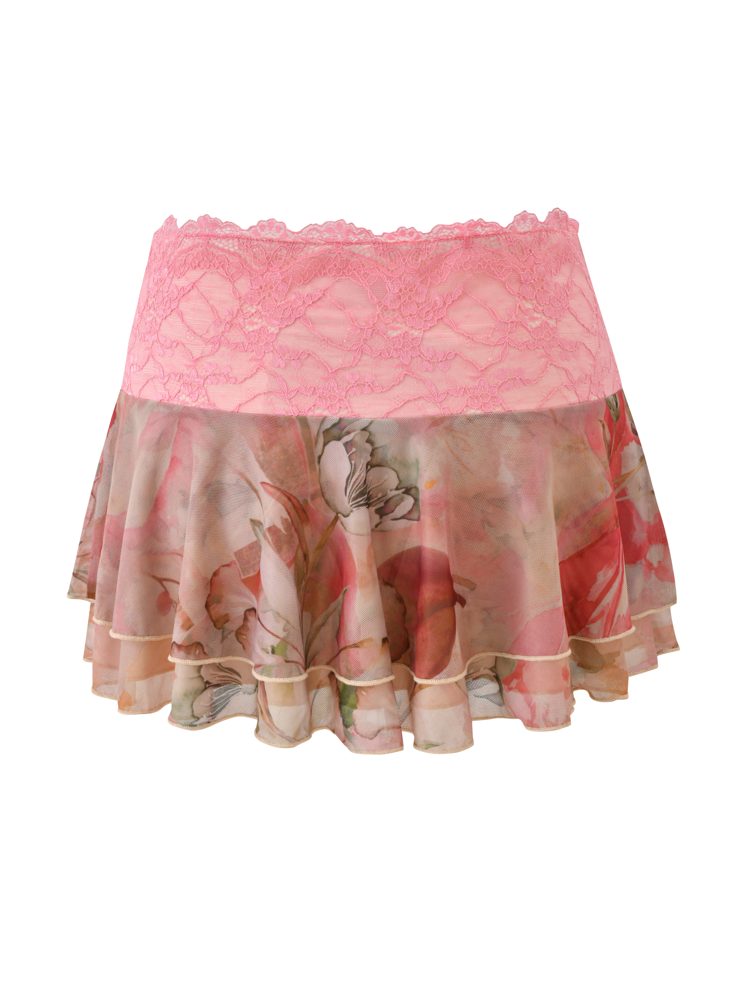 The DUNE MESH MINI SKIRT - WATERCOLOUR FLORAL by TIGERMIST features a pink lace waistband and tiered mesh ruffles with a delicate soft pink and beige floral watercolor print.