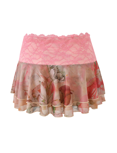 The DUNE MESH MINI SKIRT - WATERCOLOUR FLORAL by TIGERMIST features a pink lace waistband and tiered mesh ruffles with a delicate soft pink and beige floral watercolor print.