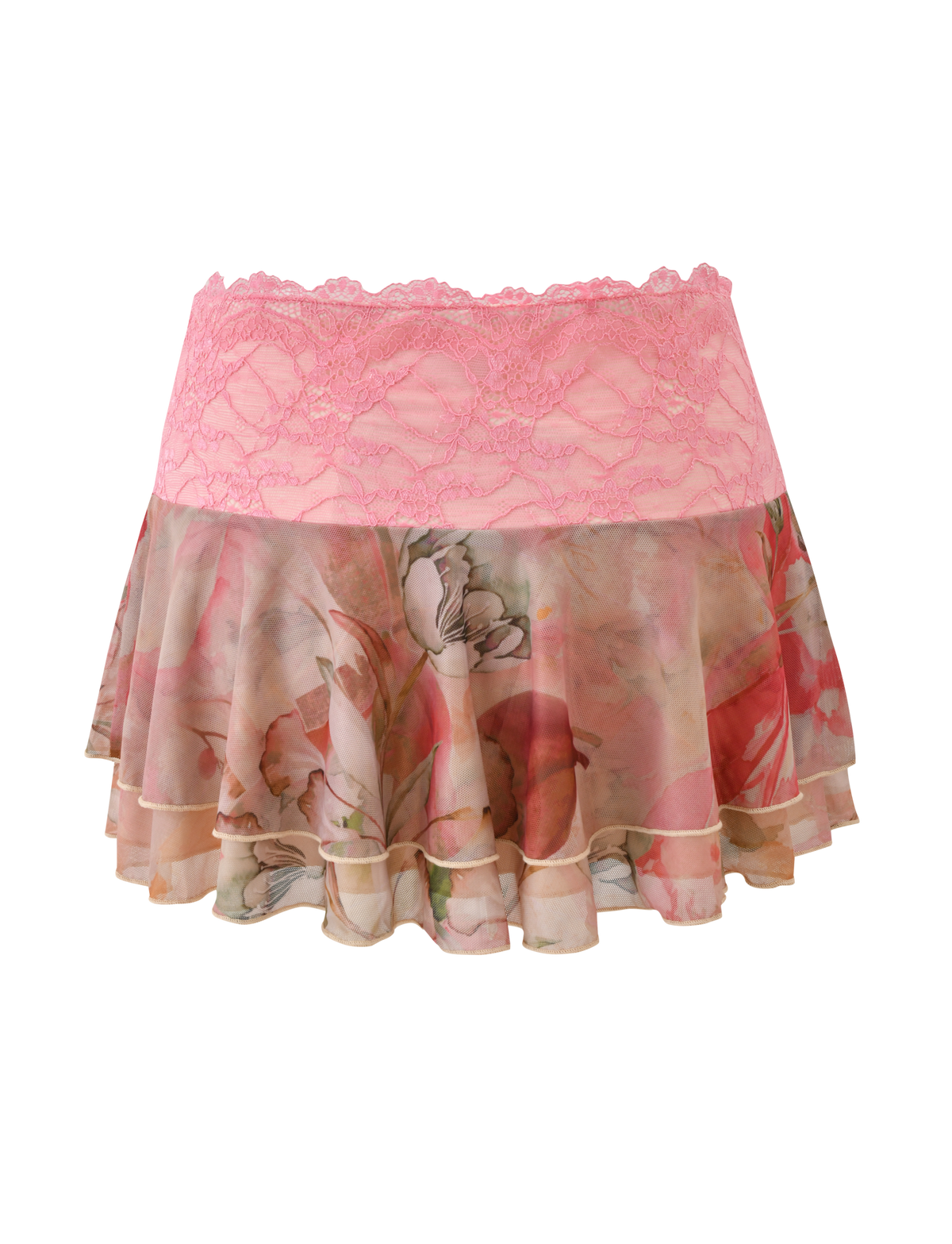 The DUNE MESH MINI SKIRT - WATERCOLOUR FLORAL by TIGERMIST features a pink lace waistband and tiered mesh ruffles with a delicate soft pink and beige floral watercolor print.