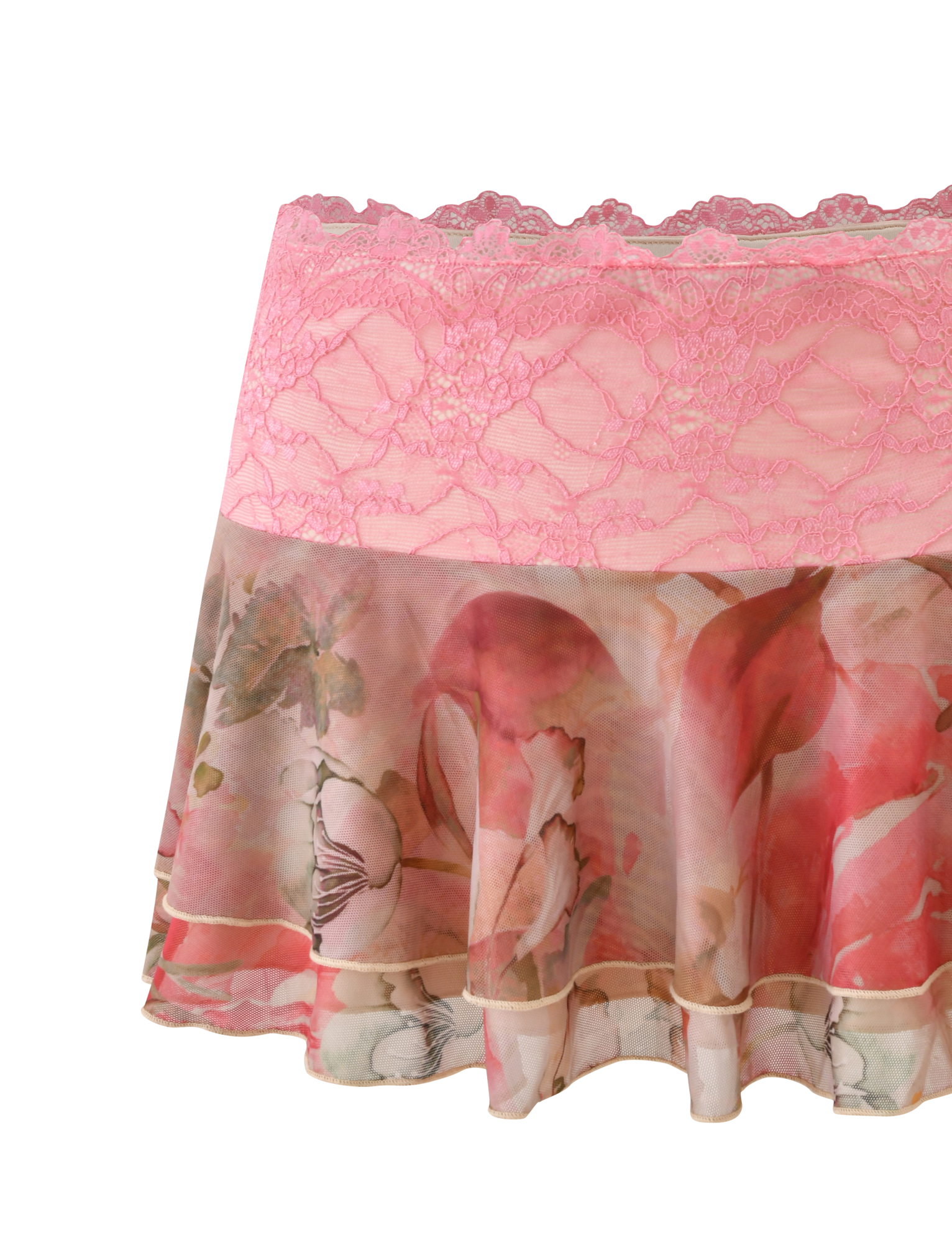 The TIGERMIST DUNE MESH MINI SKIRT - WATERCOLOUR FLORAL features a pink lace waistband, scalloped edging, and a sheer, flowing floral-patterned lower section.
