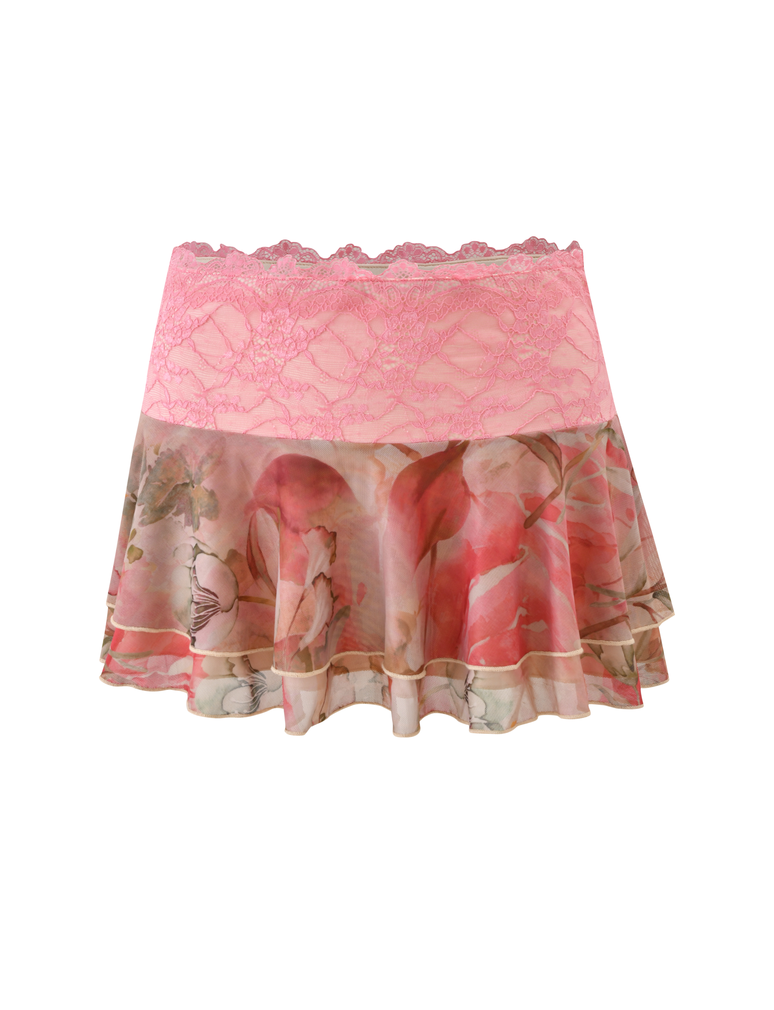 The DUNE MESH MINI SKIRT by TIGERMIST features a pink lace waistband, tiered mesh ruffle, and a sheer watercolour floral design with delicate pink and cream flowers for a feminine, elegant look.