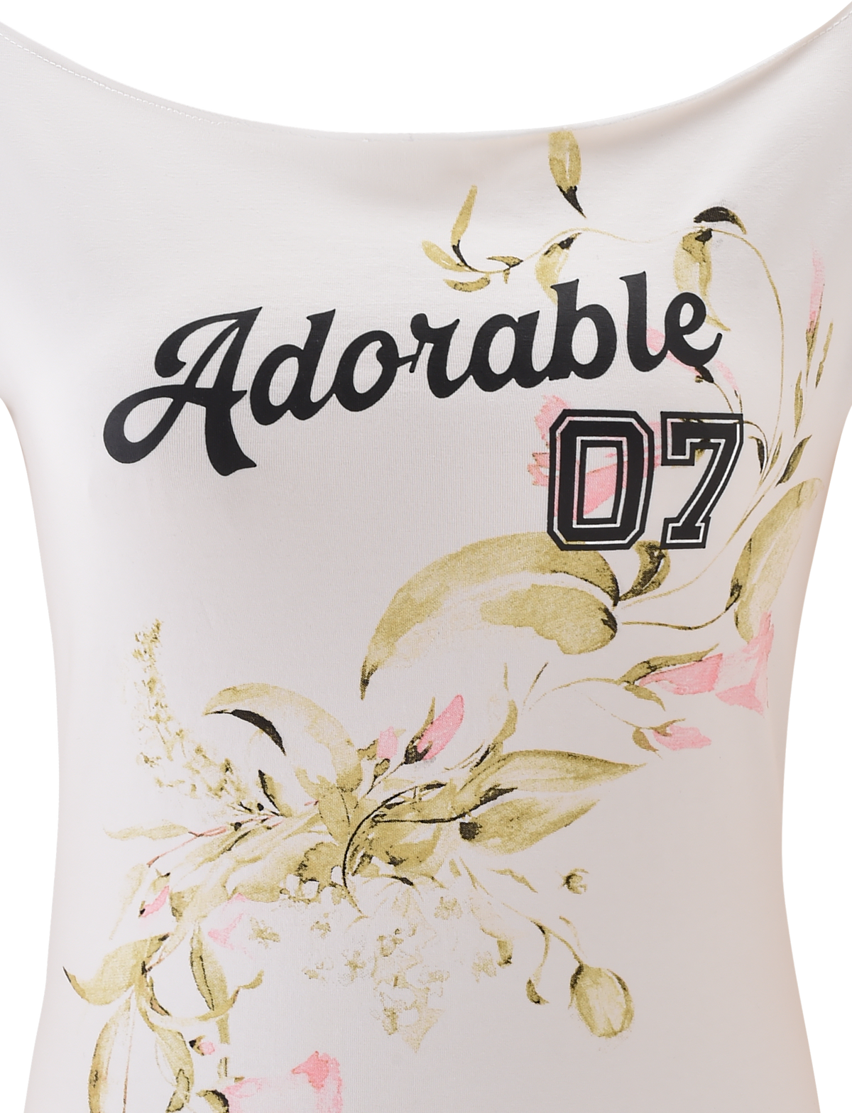 The FYNN TEE - WHITE by TIGERMIST is an off-shoulder baseball top featuring “Adorable 07” in bold script with a floral design of green leaves and pink flowers for a charming accent.