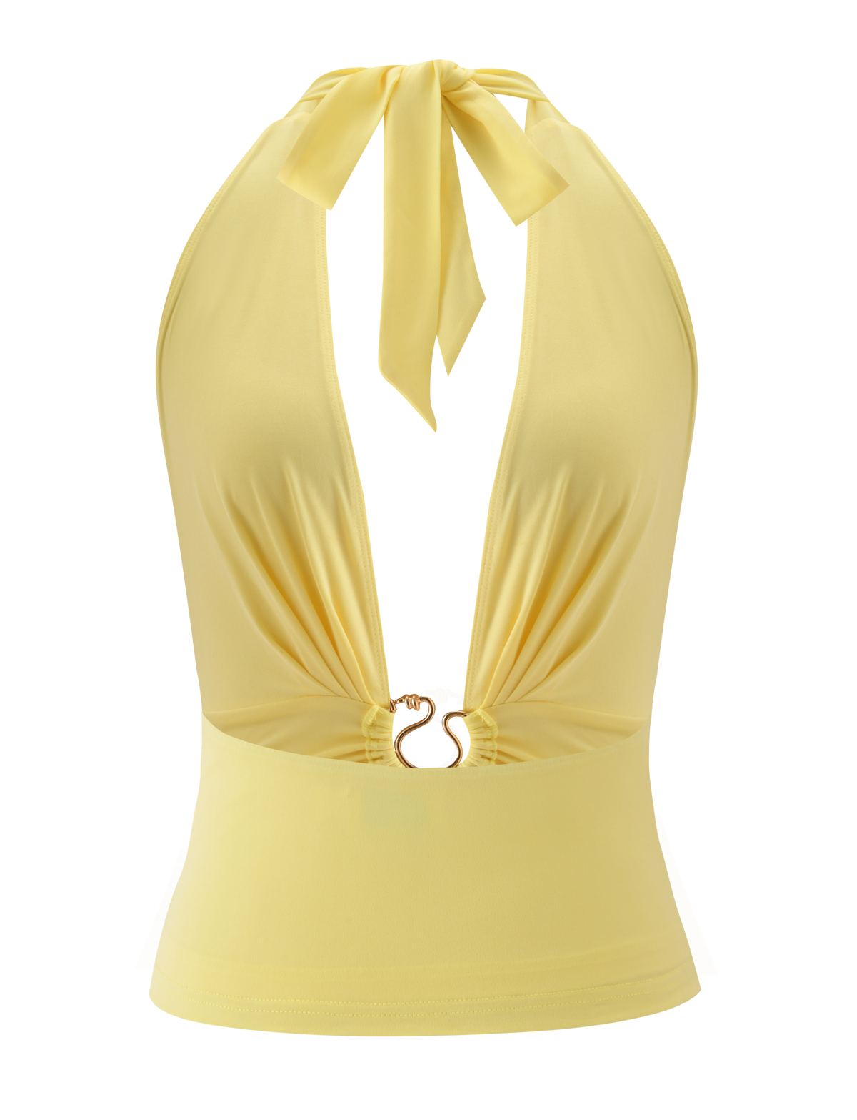 The BRIXTON TOP - BUTTER YELLOW by TIGERMIST is a halter neck top with gold hardware, deep V neckline, gathered bust, and a back tie closure for adjustable fit.