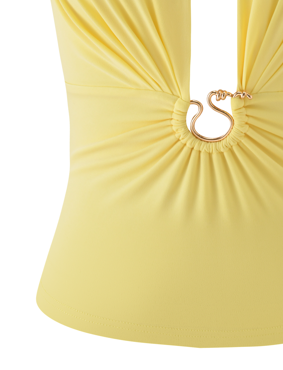 Close-up of the TIGERMIST BRIXTON TOP in butter yellow, featuring a halter neck and ruched center with an S-shaped gold clasp. The adjustable fit and circular detail add a modern edge against a white backdrop.