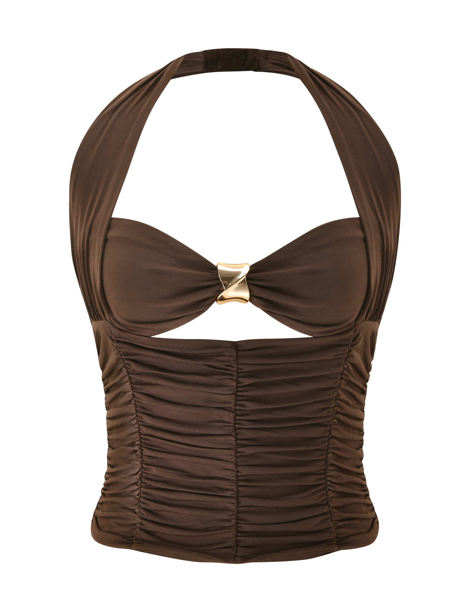 The BRIALLEN TOP - CHOCOLATE by TIGERMIST is a brown halter top featuring a ruched design, gold decorative center clasp, front cutout below the bust, and gathered detailing for a chic look.