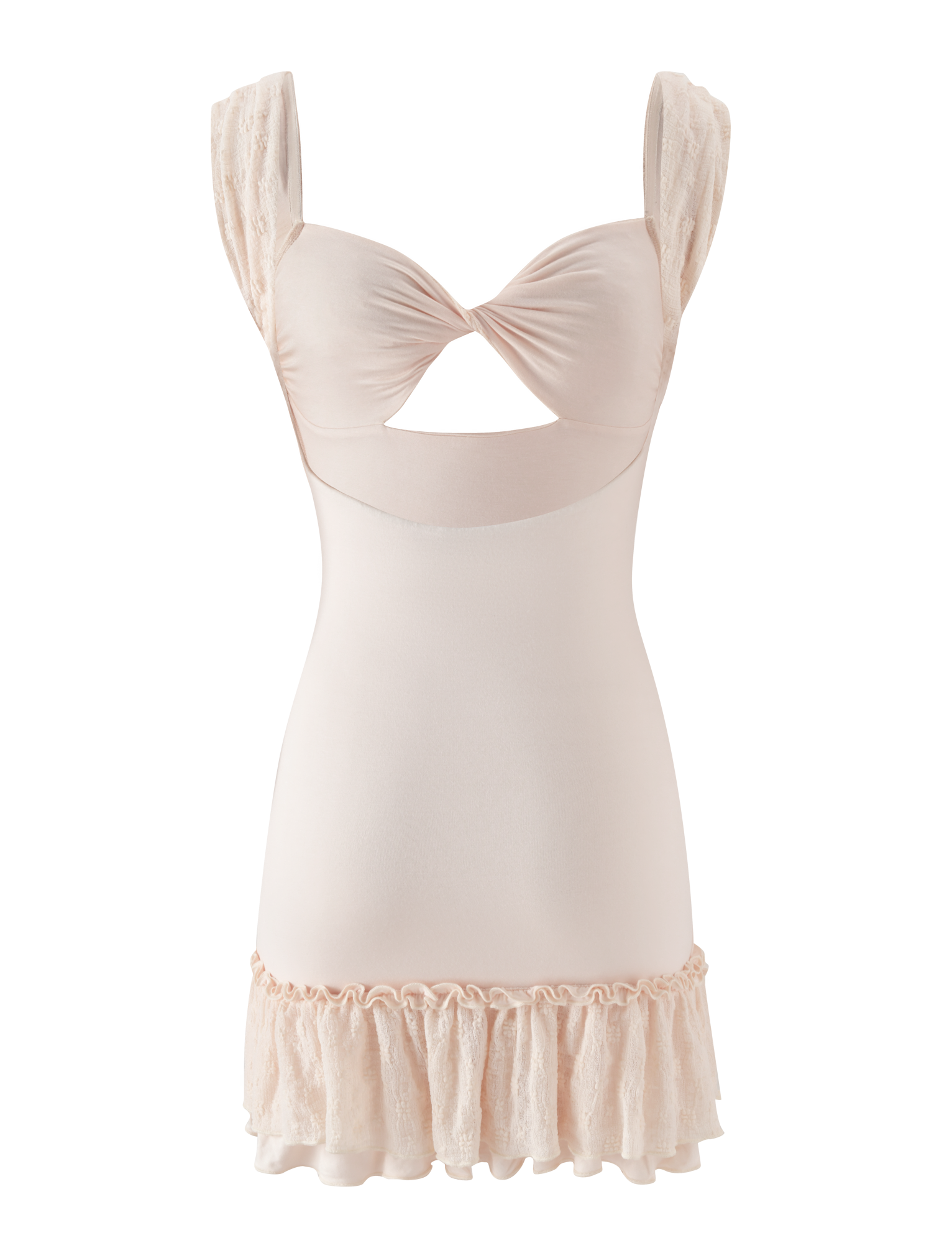 The TIGERMIST ASHBY MINI DRESS in cream features lace-trimmed straps, a twisted front, bust cutout, ruffle hem, and soft slightly sheer fabric with stretch lace details.