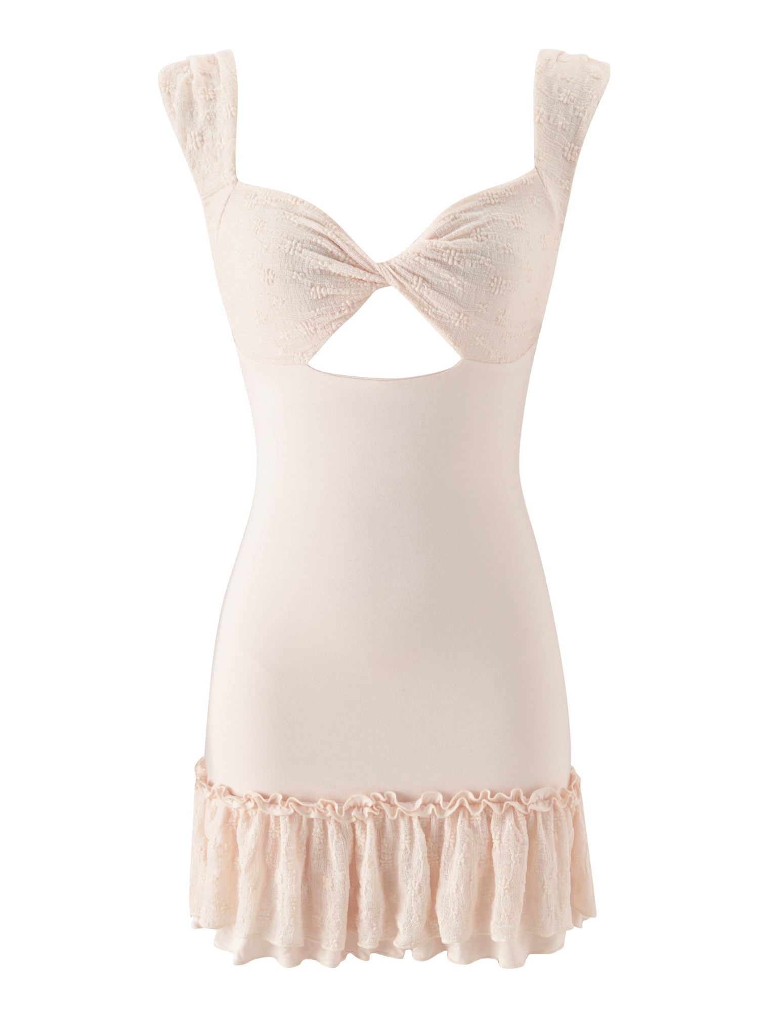 The TIGERMIST ASHBY MINI DRESS in cream is a fitted A-line mini with wide straps, a twisted front cutout beneath the bust, and a ruffle hem in stretch lace for a soft, feminine look.