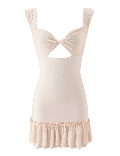 The TIGERMIST ASHBY MINI DRESS in cream is a fitted A-line mini with wide straps, a twisted front cutout beneath the bust, and a ruffle hem in stretch lace for a soft, feminine look.
