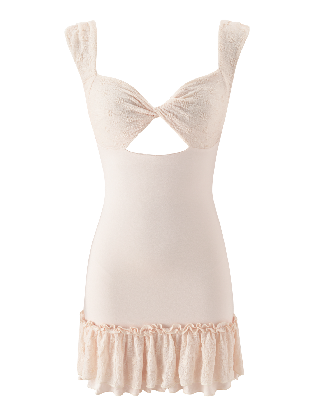 The TIGERMIST ASHBY MINI DRESS in cream is a fitted A-line mini with wide straps, a twisted front cutout beneath the bust, and a ruffle hem in stretch lace for a soft, feminine look.