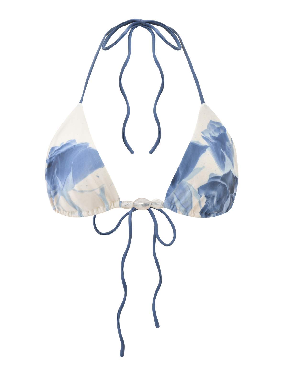 The TIGERMIST CYLAS BIKINI TOP - INDIGO FLORAL is a blue and white tie-dye halter neck bikini top with adjustable back ties and subtle rose design accents, shown on a plain background.